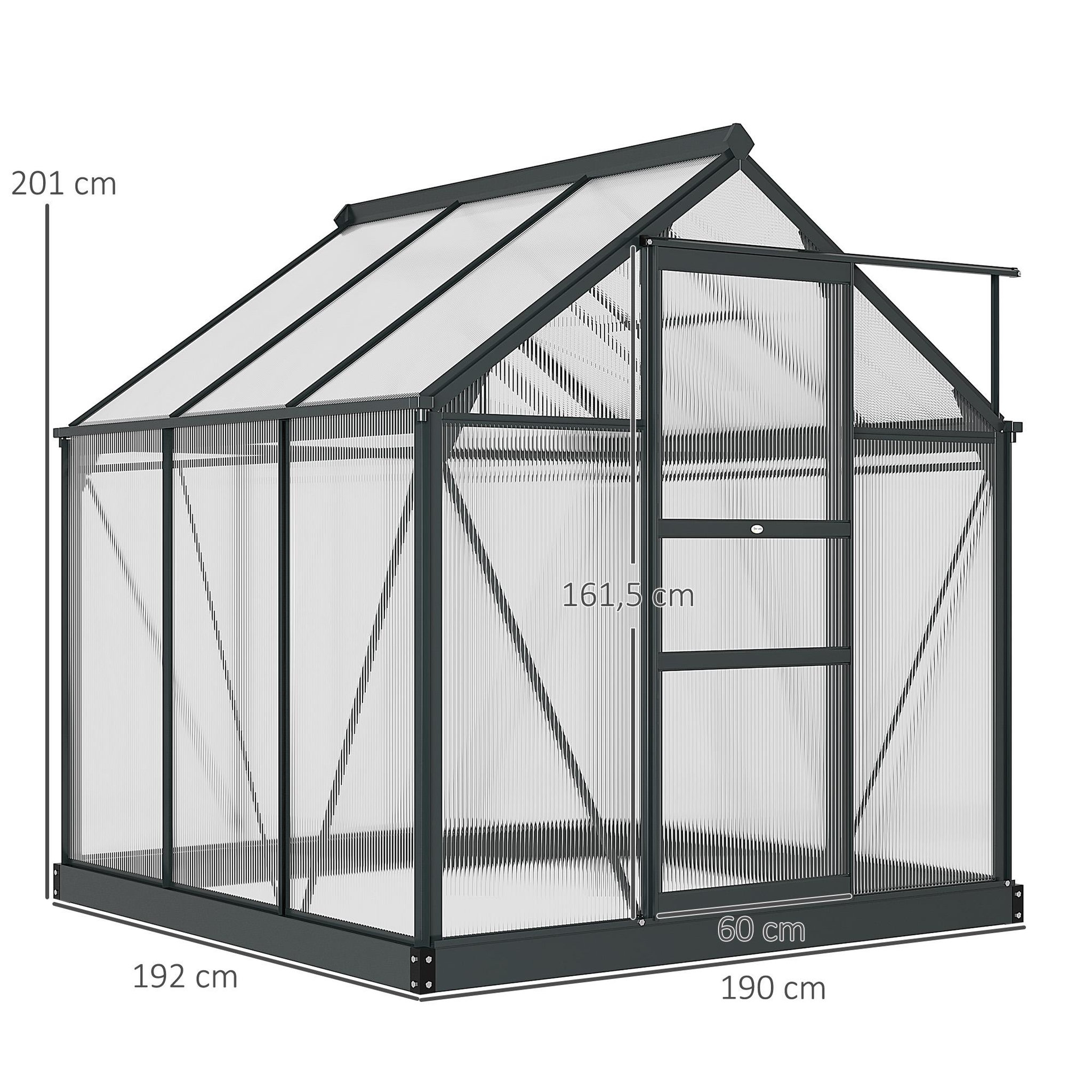 Voir la diapositive 3 : OUTSUNNY Serre de jardin aluminium polycarbonate 3,65 m² dim. 1,9l x 1,92l x 2,01h m lucarne, porte coulissante + fondation incluse alu. Gris polycarbonate transparent