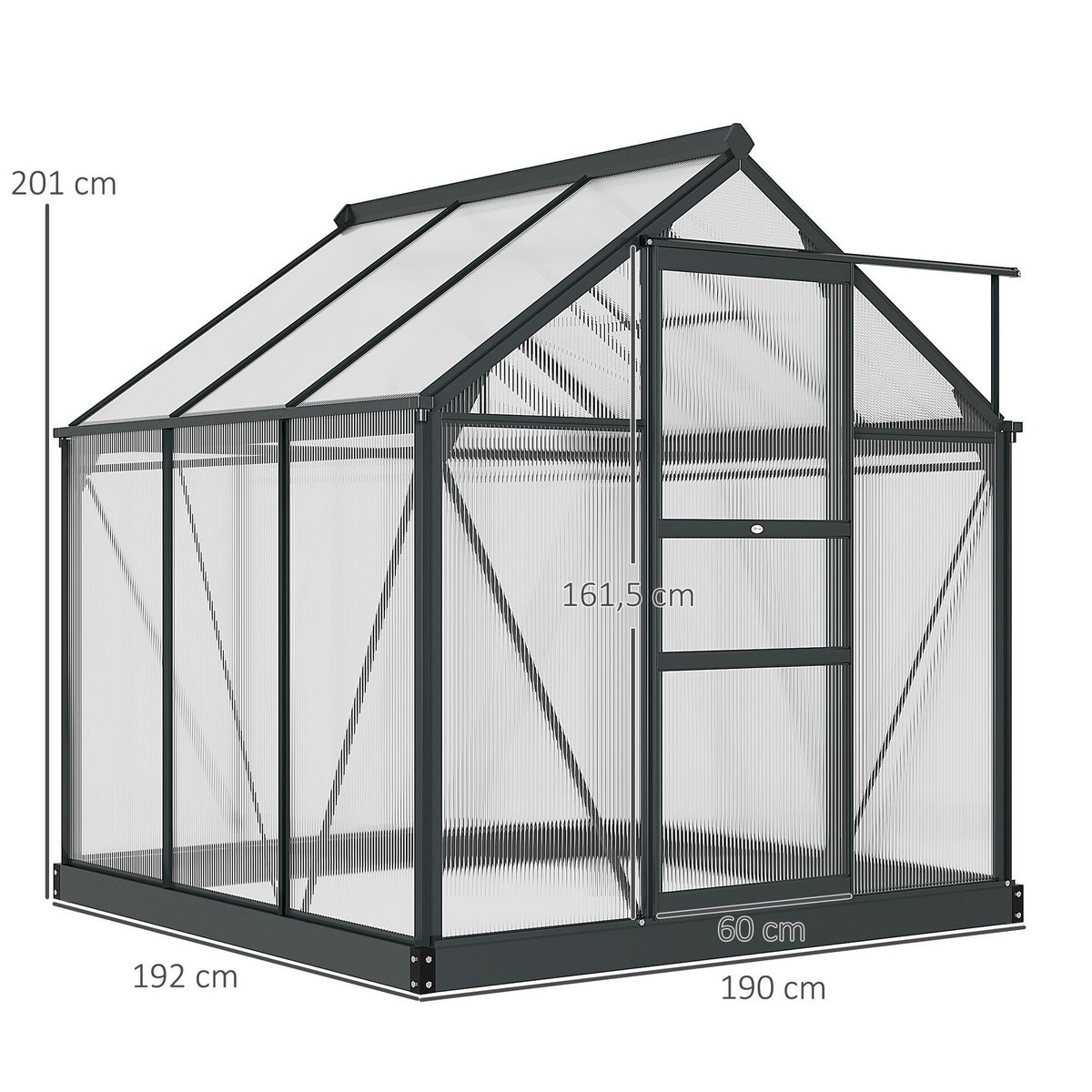 OUTSUNNY Serre de jardin aluminium polycarbonate 3,65 m² dim. 1,9L x 1,92l x 2,01H m lucarne, porte coulissante + fondation incluse alu. gris polycarbonate transparent