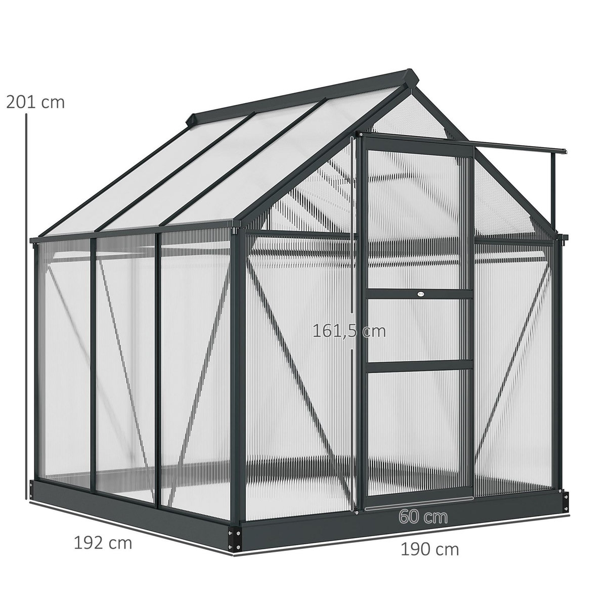 OUTSUNNY Serre de jardin aluminium polycarbonate 3,65 m² dim. 1,9L x 1,92l x 2,01H m lucarne, porte coulissante + fondation incluse alu. gris polycarbonate transparent