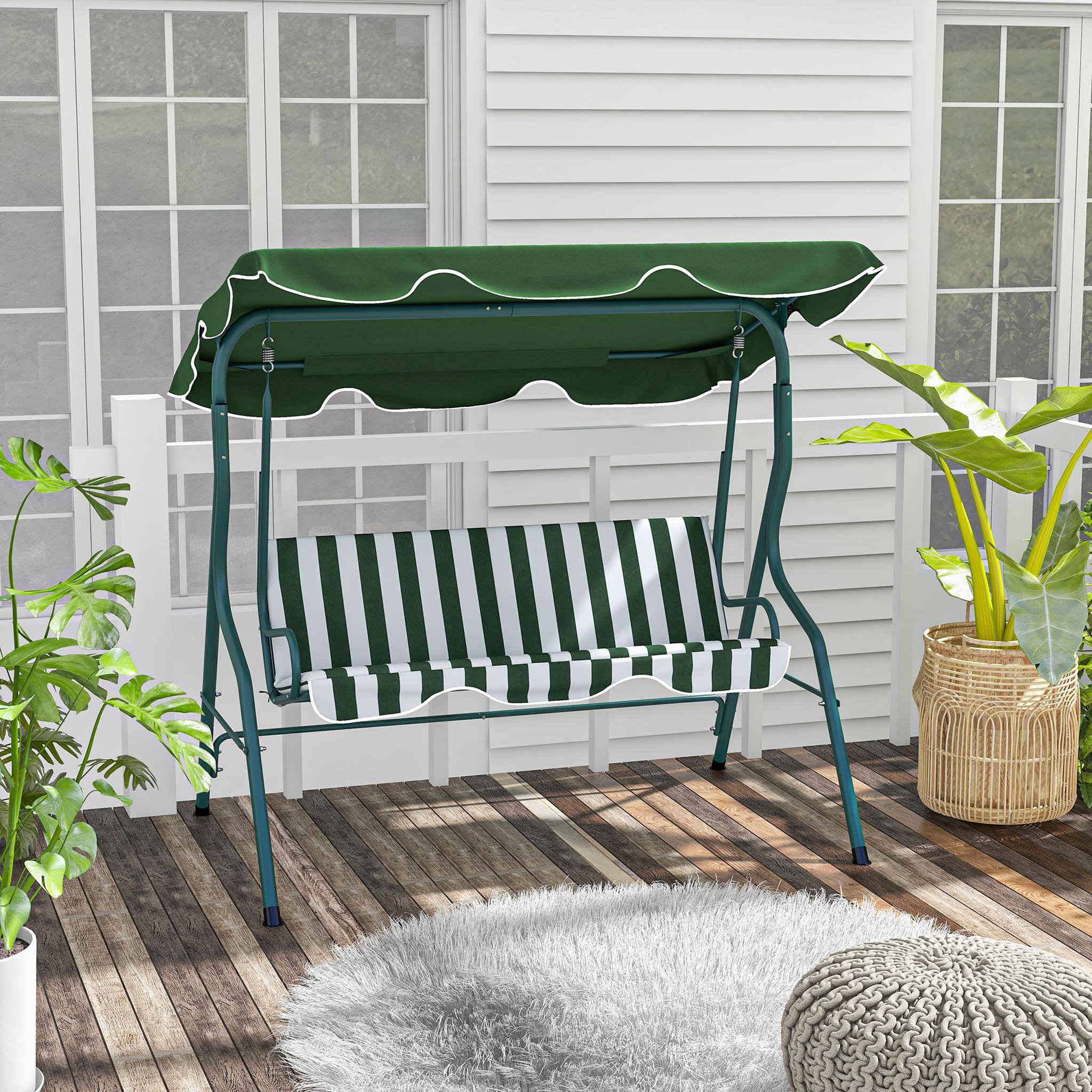 Voir la diapositive 2 : OUTSUNNY Balancelle de jardin 3 places coussins assise dossier vert blanc rayé