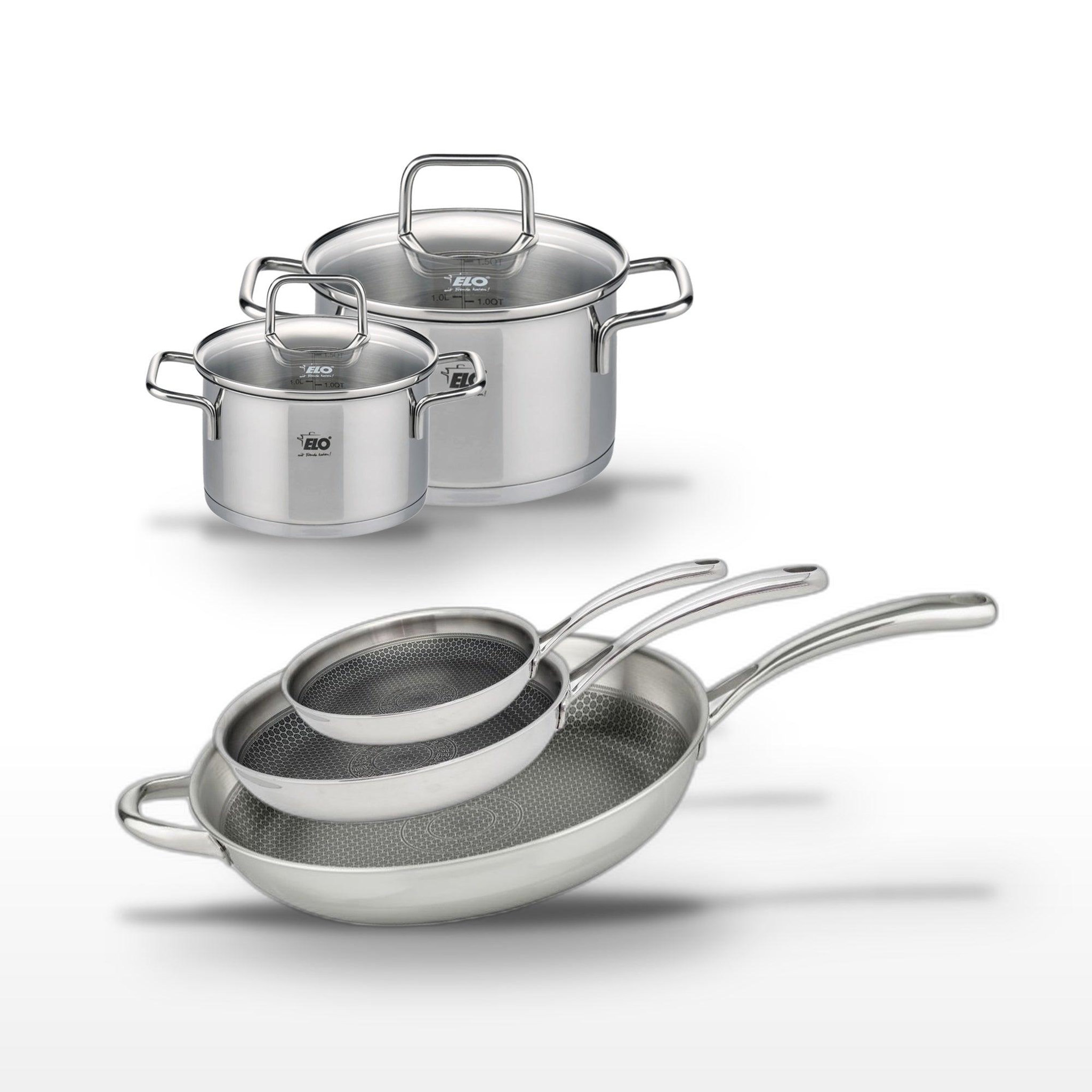 ELO Lot 3 poêles 24/28/32cm et 2 faitouts 12/16cm elo relief evolution