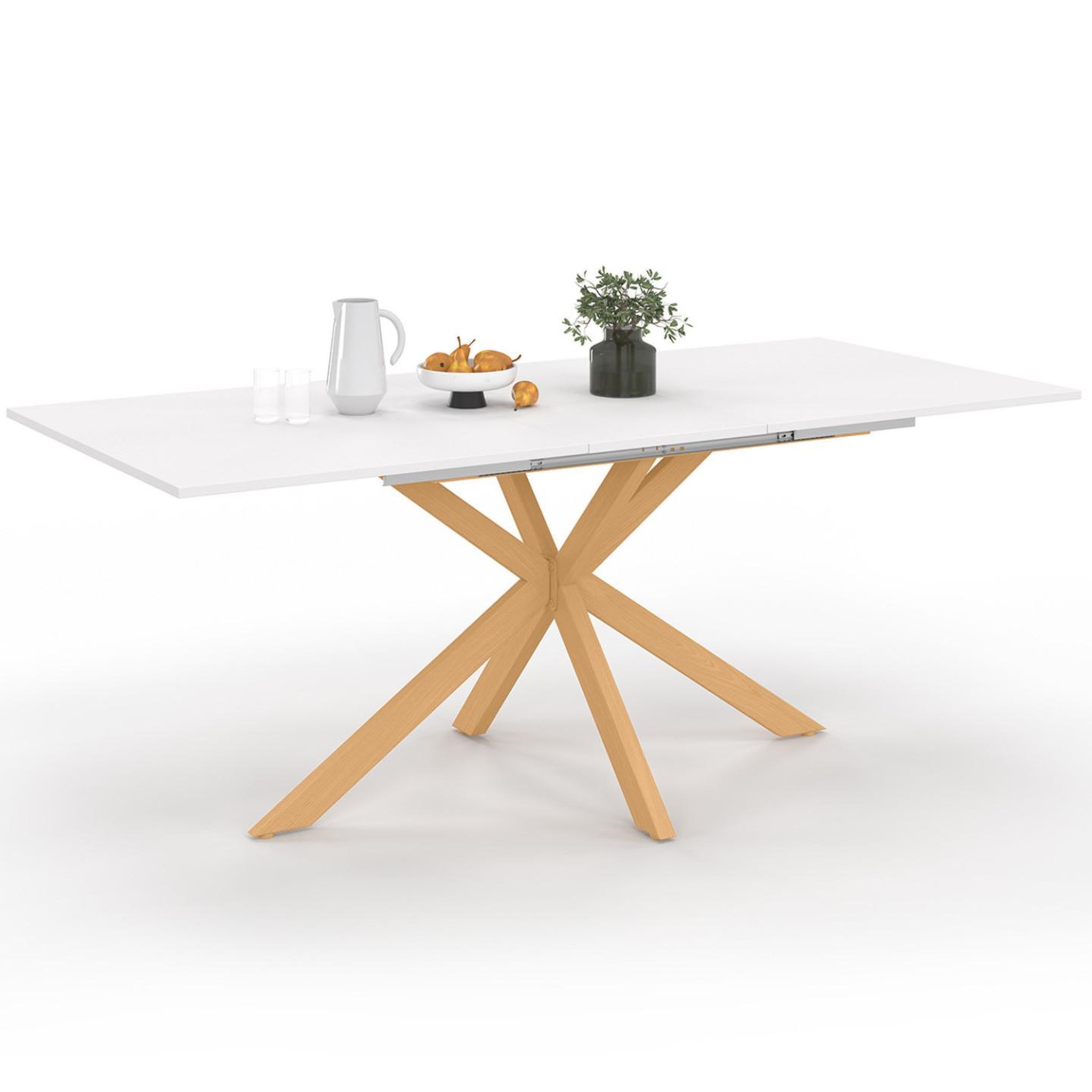 ID MARKET Table à manger extensible rectangle alix 6-10 personnes pied araignée bois et plateau blanc gisele 160-200 cm
