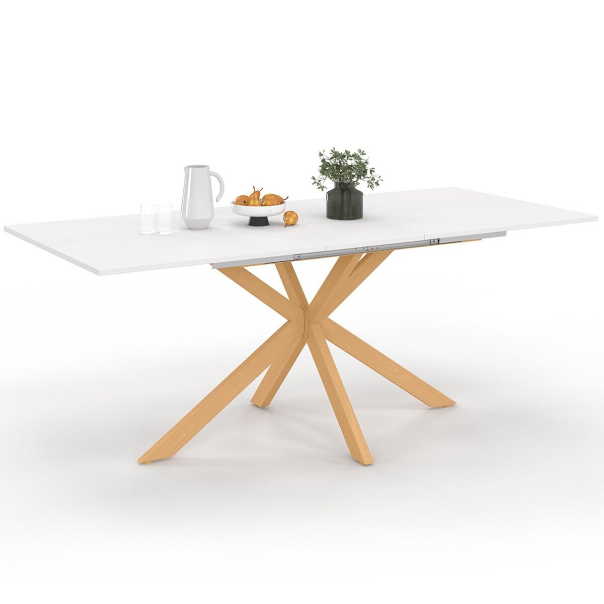 ID MARKET Table à manger extensible rectangle ALIX 6-10 personnes pied araignée bois et plateau blanc GISELE 160-200 cm