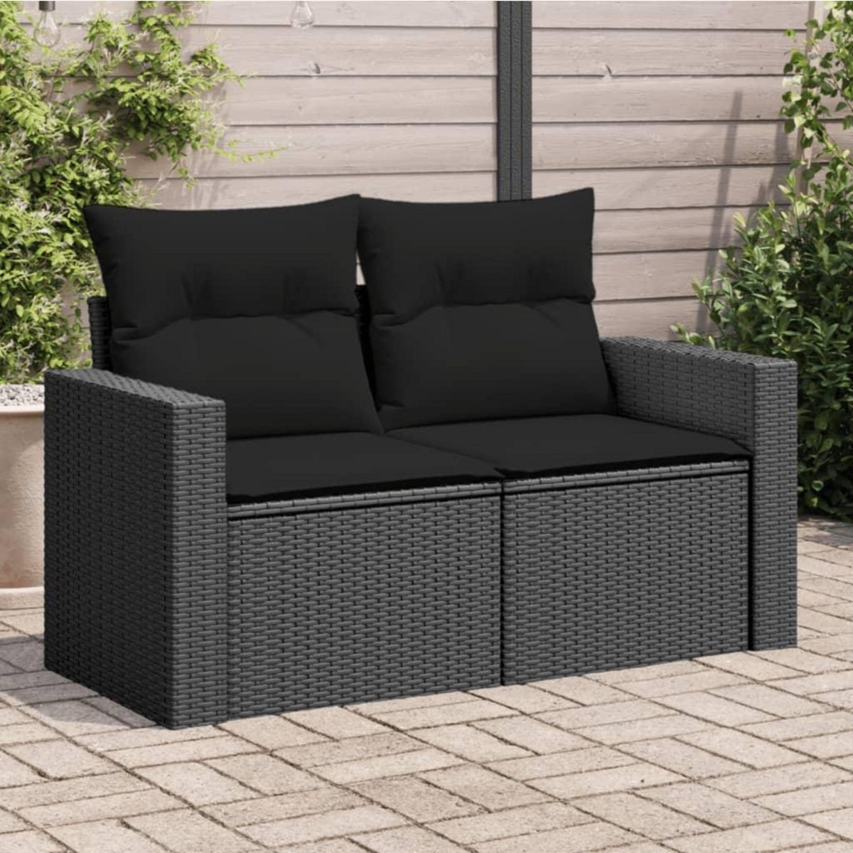 VIDAXL Canape de jardin avec coussins 2 places noir resine tressee