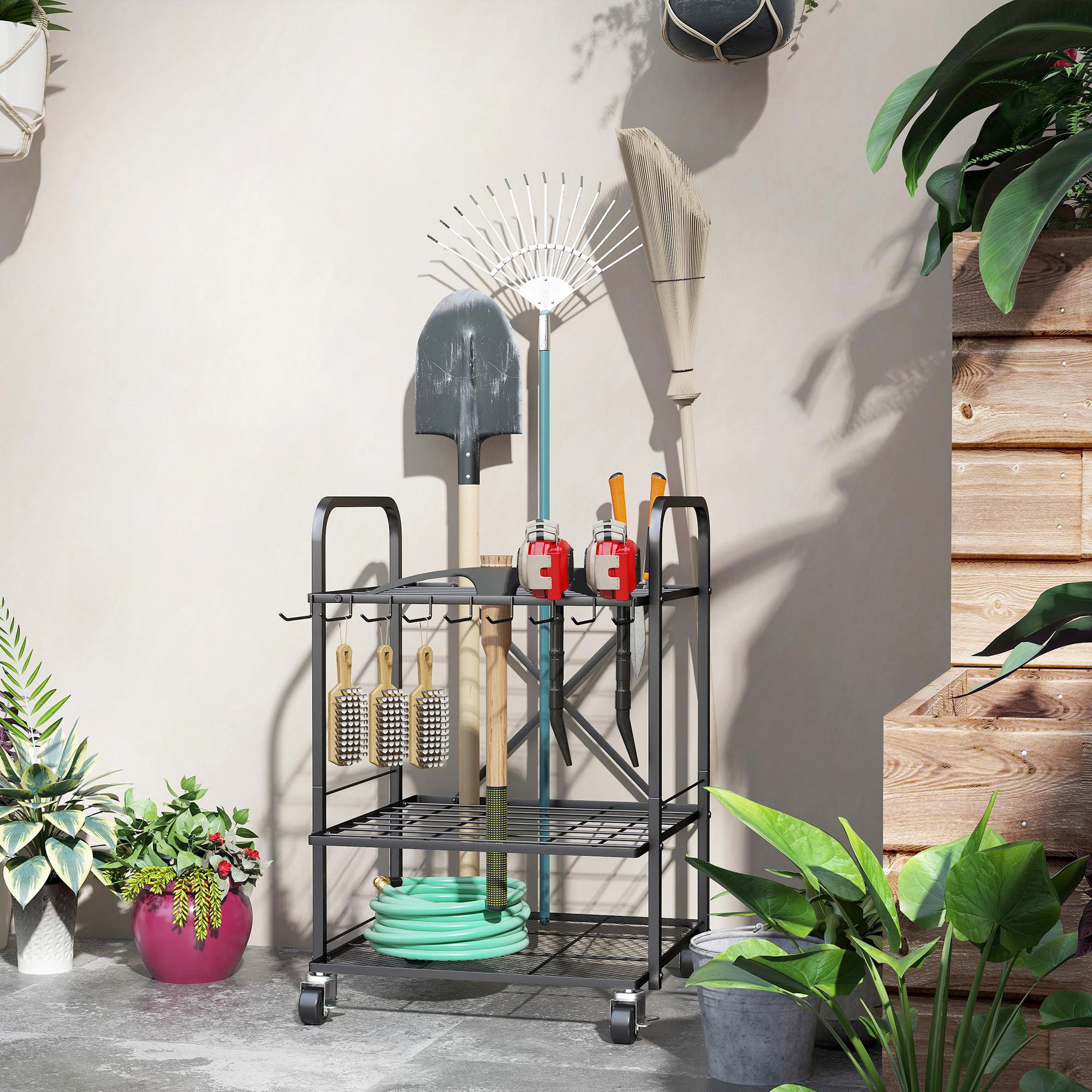 Voir la diapositive 2 : OUTSUNNY Organisateur d'outils de jardin - chariot de jardin - desserte - 9 crochets, 20 compartiments - métal noir