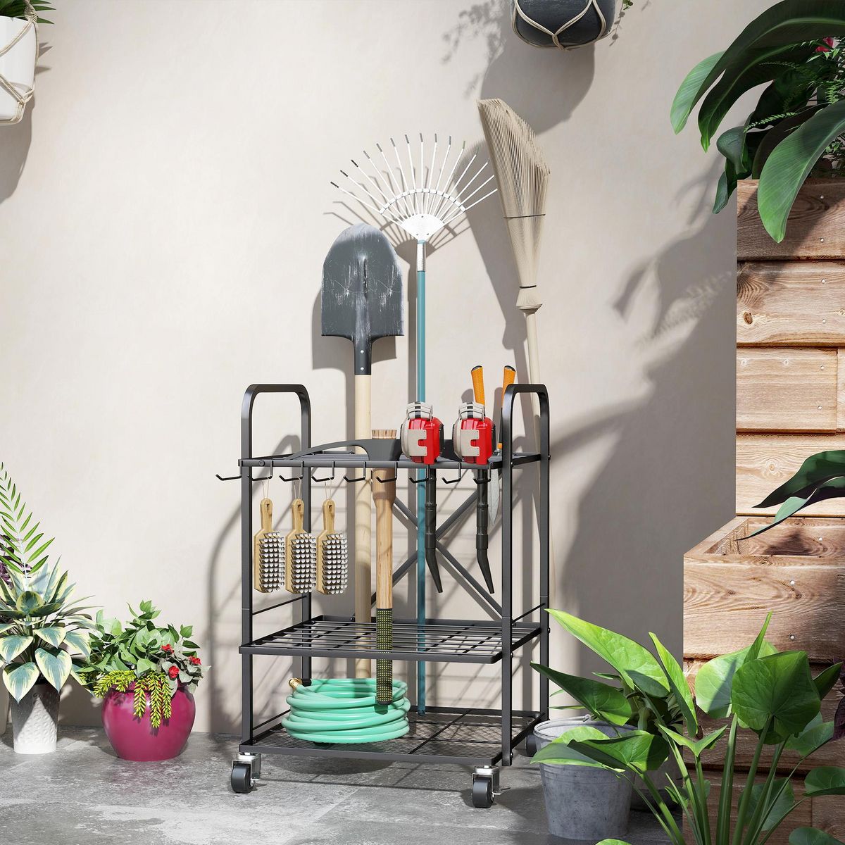 OUTSUNNY Organisateur d'outils de jardin - chariot de jardin - desserte - 9 crochets, 20 compartiments - métal noir