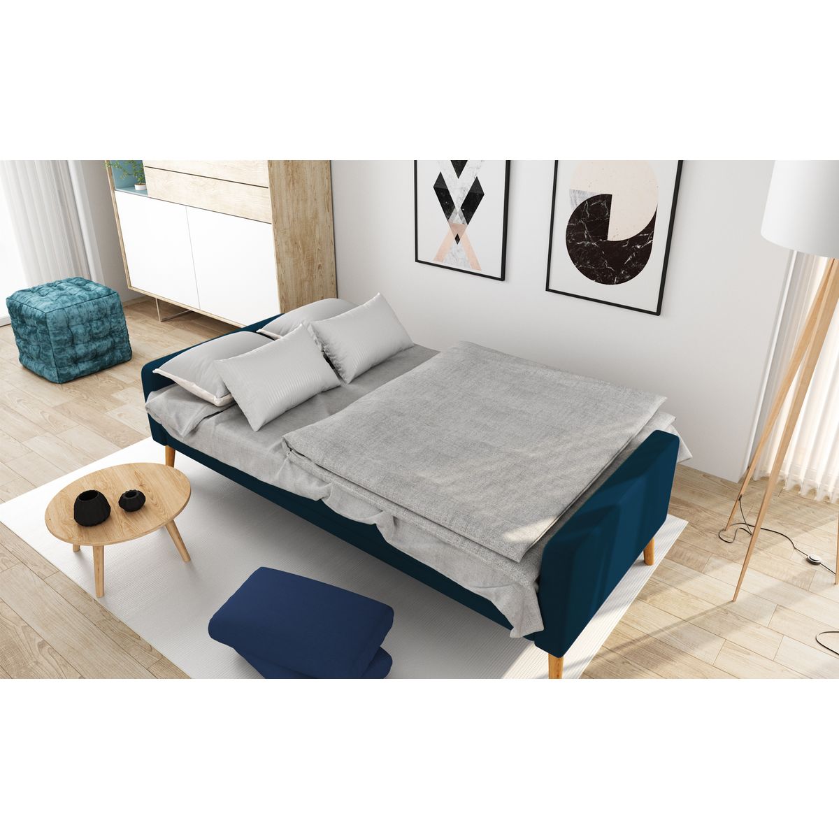 Canapé 3 places scandinave convertible NOVA, assise tissu pieds en bois