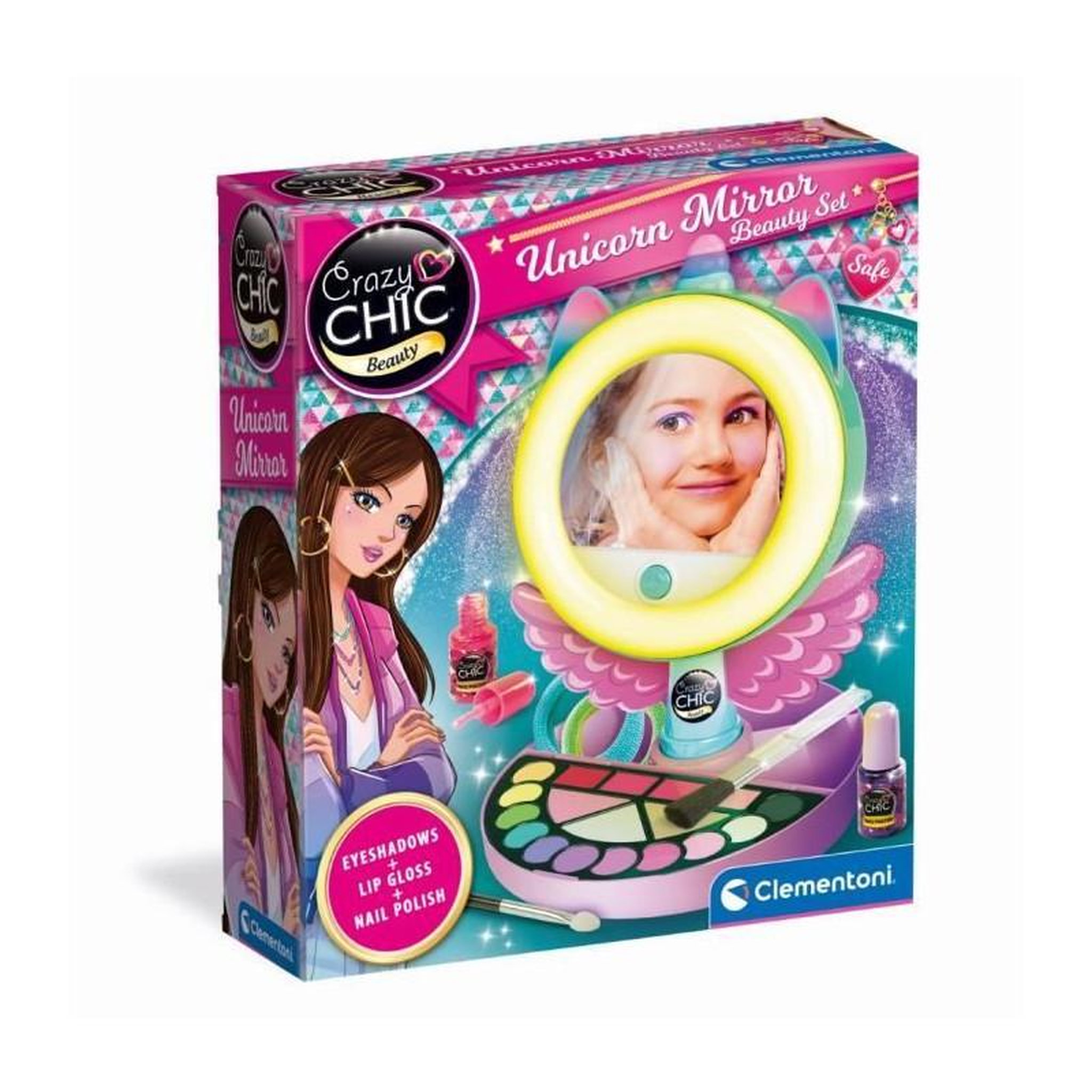 CLEMENTONI CLEMENTONI - Miroir de maquillage licorne - Anneau lumineux - Maquillage et accesoires cheveux et ongles - Des 7ans
