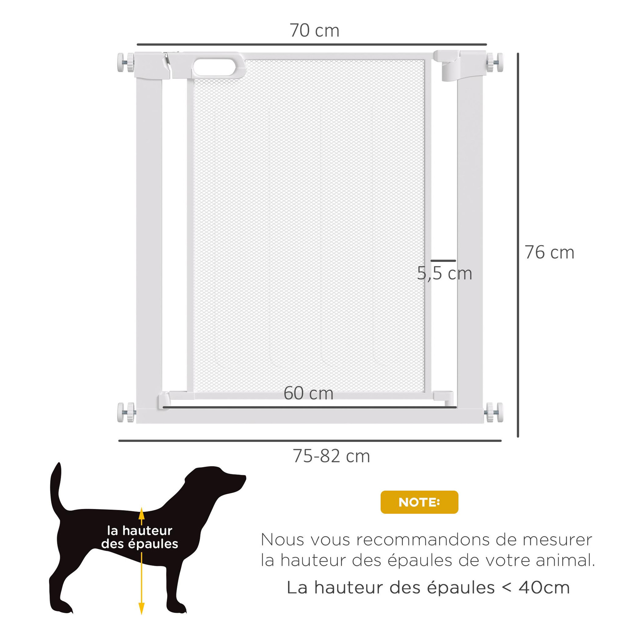 Voir la diapositive 3 : PAWHUT Barrière de sécurité animaux - longueur réglable dim. 75-82 cm - porte double verrouillage, ouverture double sens -sans perçage - acier abs blanc