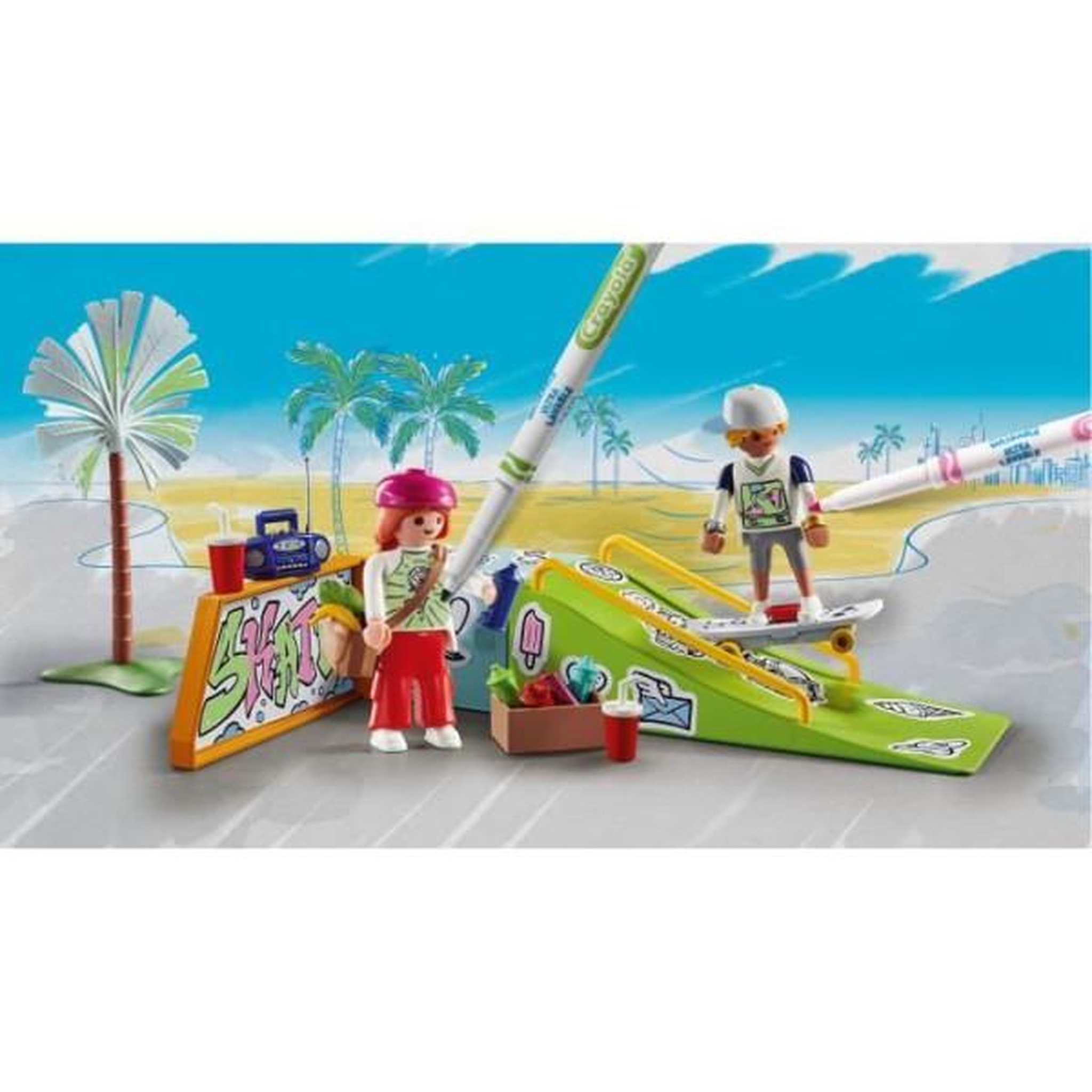 Voir la diapositive 2 : PLAYMOBIL PLAYMOBIL 71515 Skateurs avec rampe, Color, 44 pieces, avec crayons Crayola, Des 6 ans