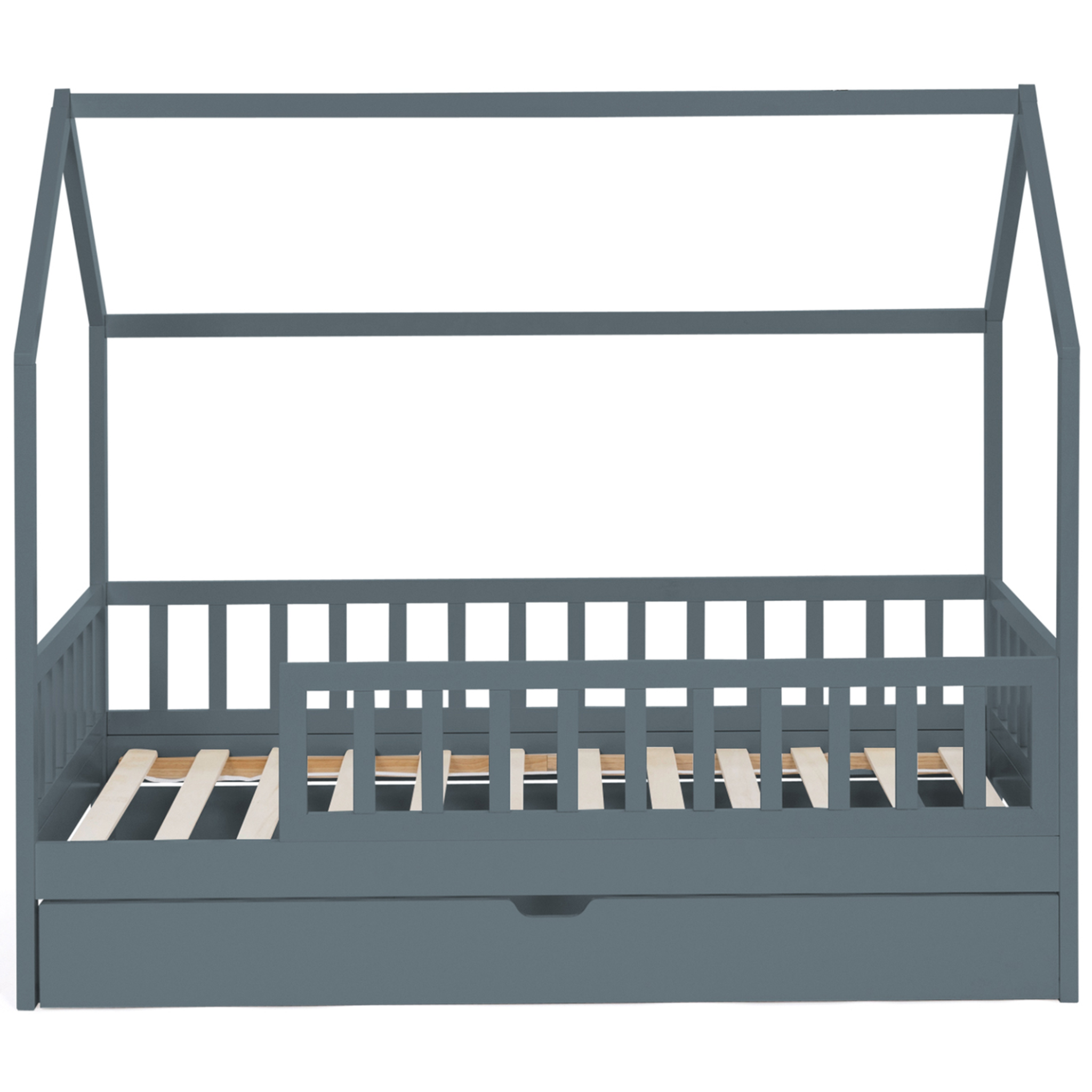 Voir la diapositive 3 : ID MARKET Lit cabane enfant 80 x 160 cm neree gris avec 1 tiroir gigogne et de rangement