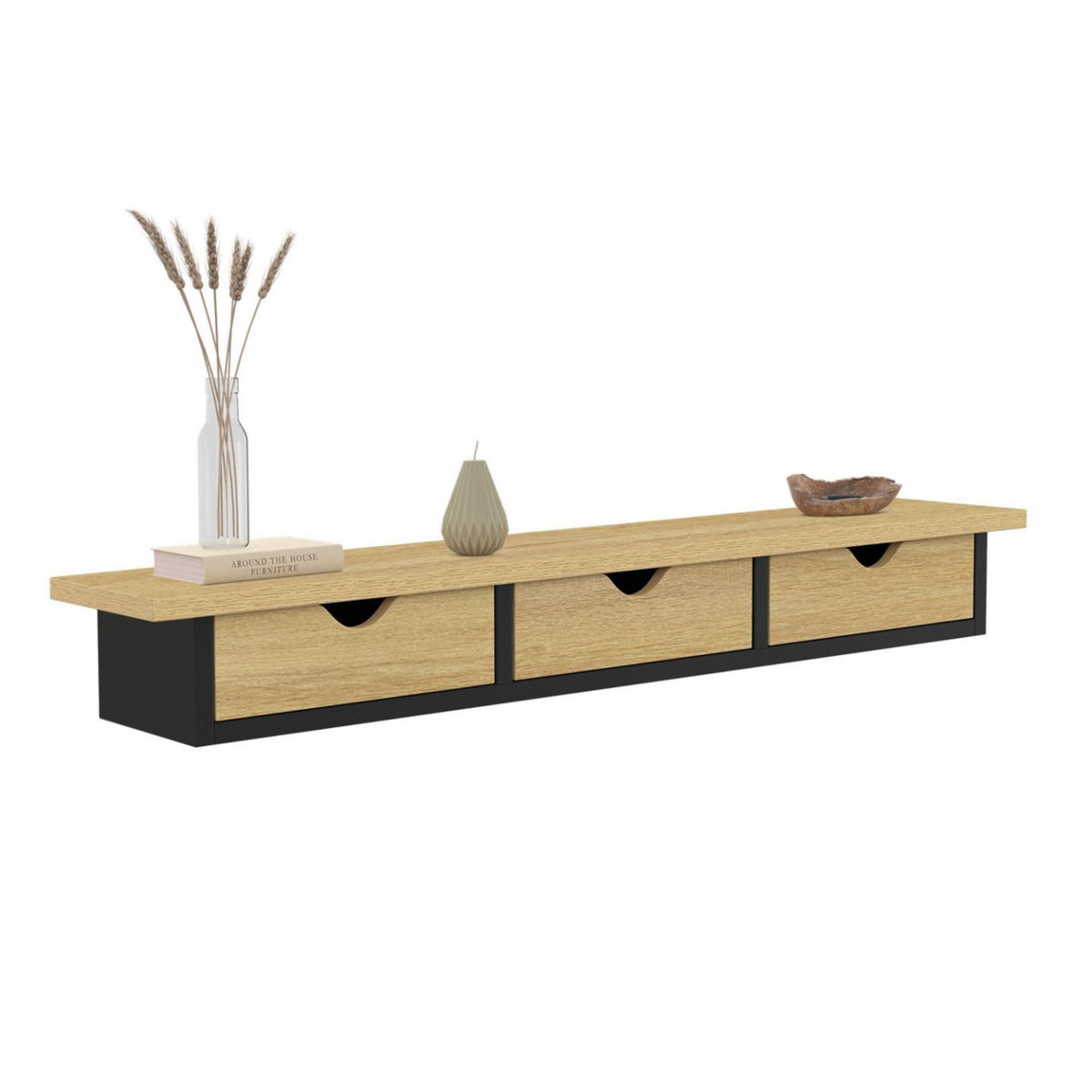 ID MARKET Etagère murale console d'entrée LISE 3 tiroirs effet bois et noir