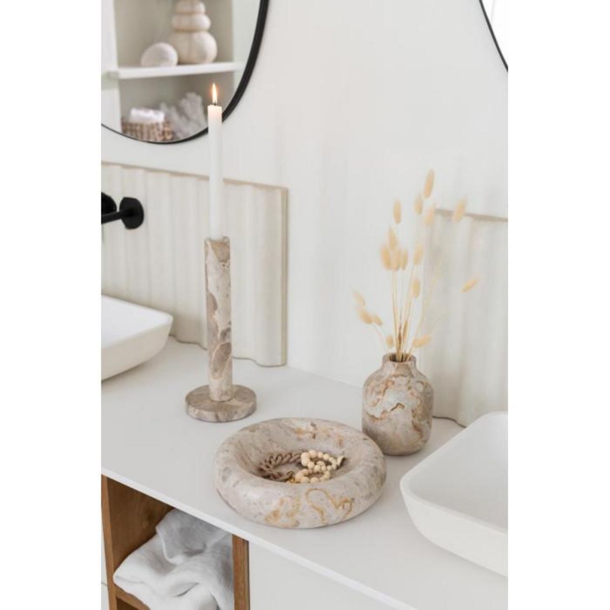 Paris Prix Lot de 3 Bougeoirs en Marbre  Bali  40cm Beige