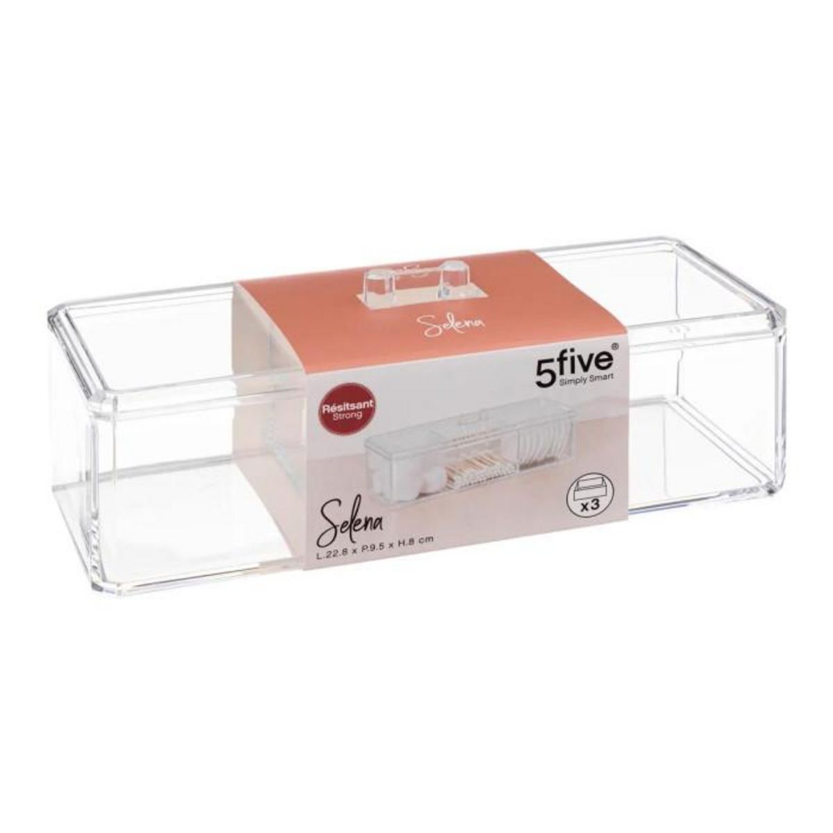 FIVE Boîte à Coton 3 Compartiments  Selena  22cm Transparent
