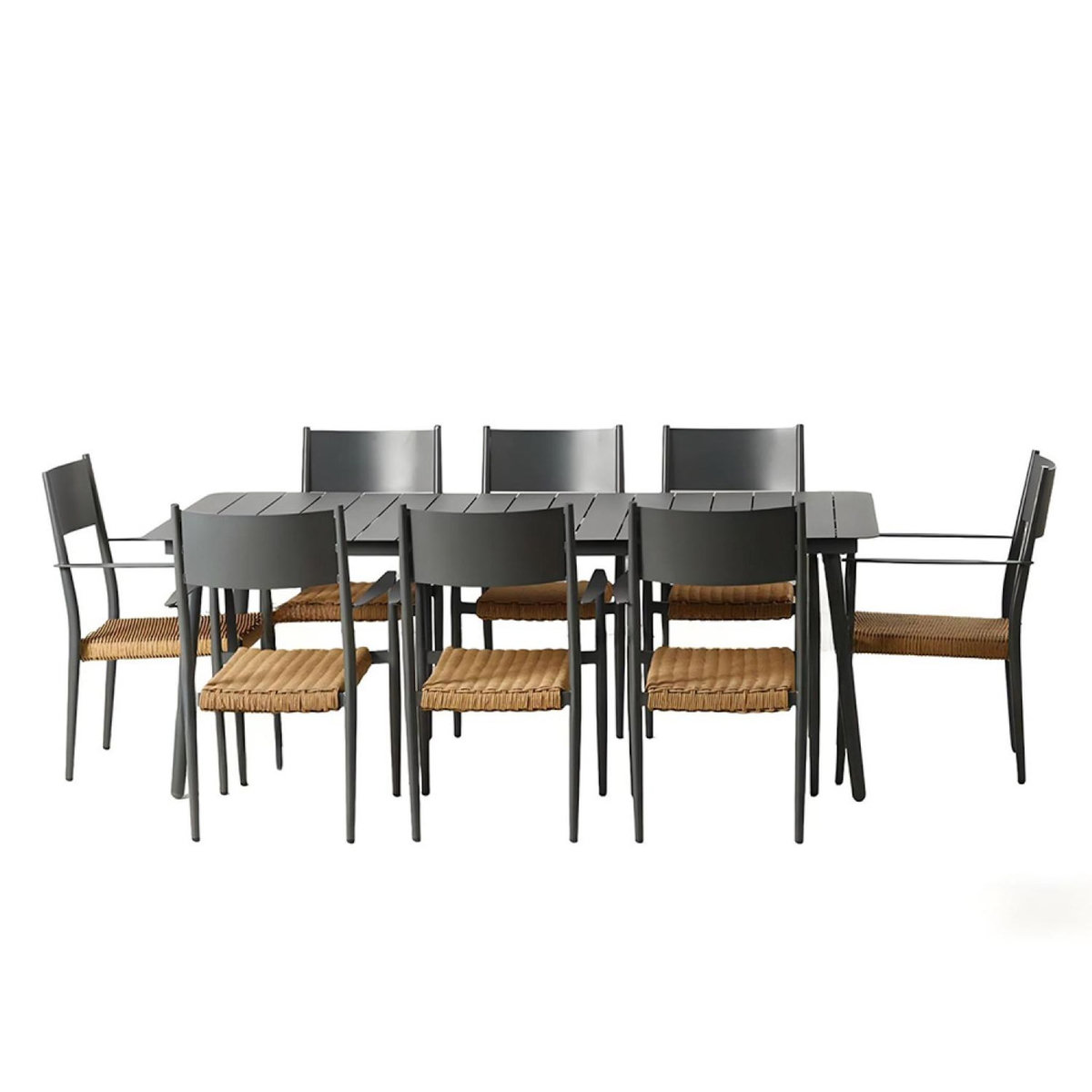 CONCEPT USINE Ensemble table de jardin 200 cm et 8 fauteuils gris foncé effet rotin CANBERRA