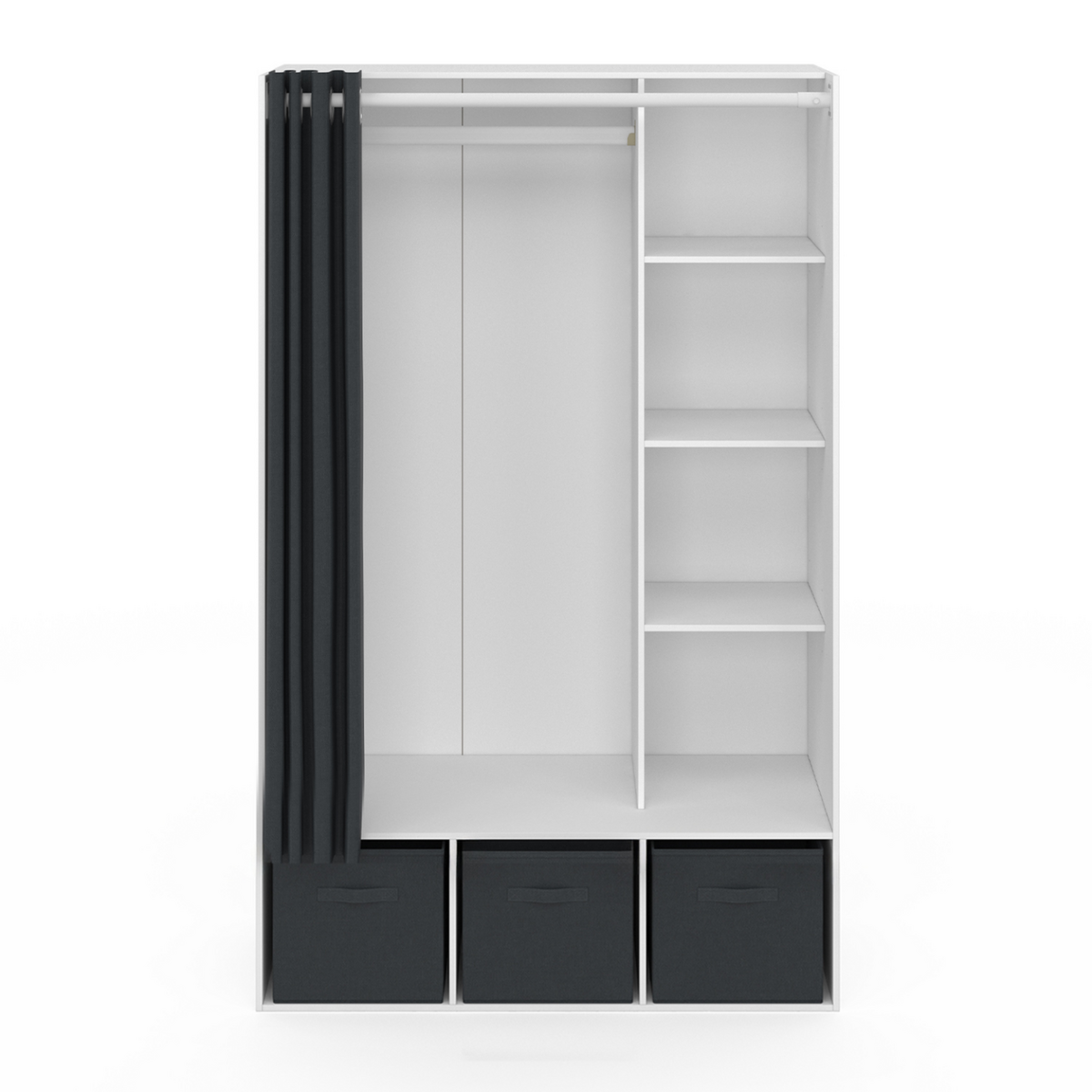 ID MARKET Dressing penderie DIANE 105 x 50 x 172 cm blanc avec étagères + boites de rangement + rideau gris