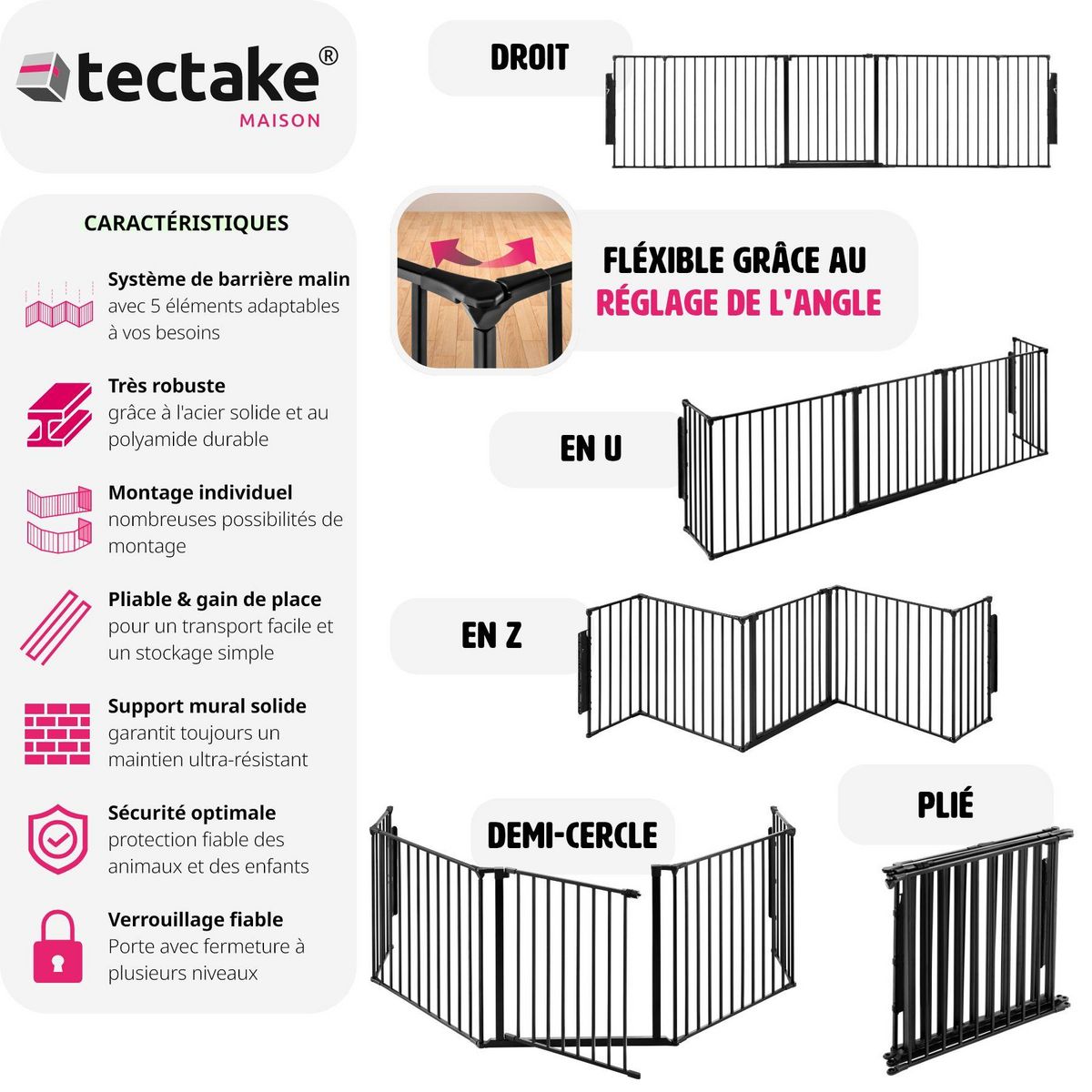 tectake Grille de protection pour cheminée, barrière de sécurité enfant bébé en acier robuste noir