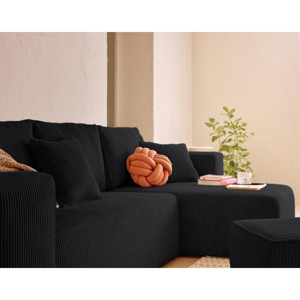 BEST MOBILIER Topaze - canapé d'angle réversible 4 places - convertible avec coffre, tablette et poufs - en velours côtelé