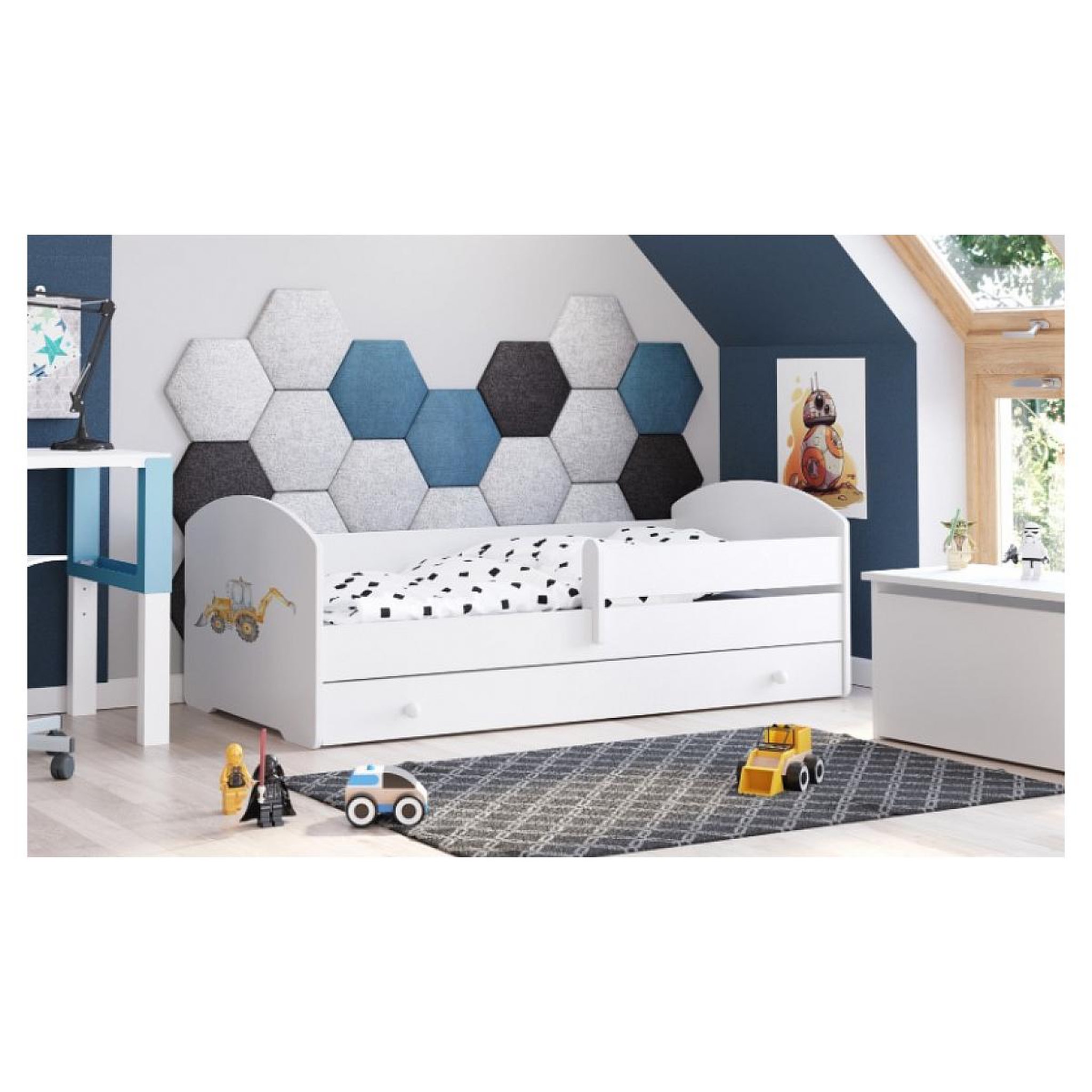 Voir la diapositive 2 : KOBI Lit enfant LUK BAR+SZU 160x80 tracteur tiroir de rangement avec matelas