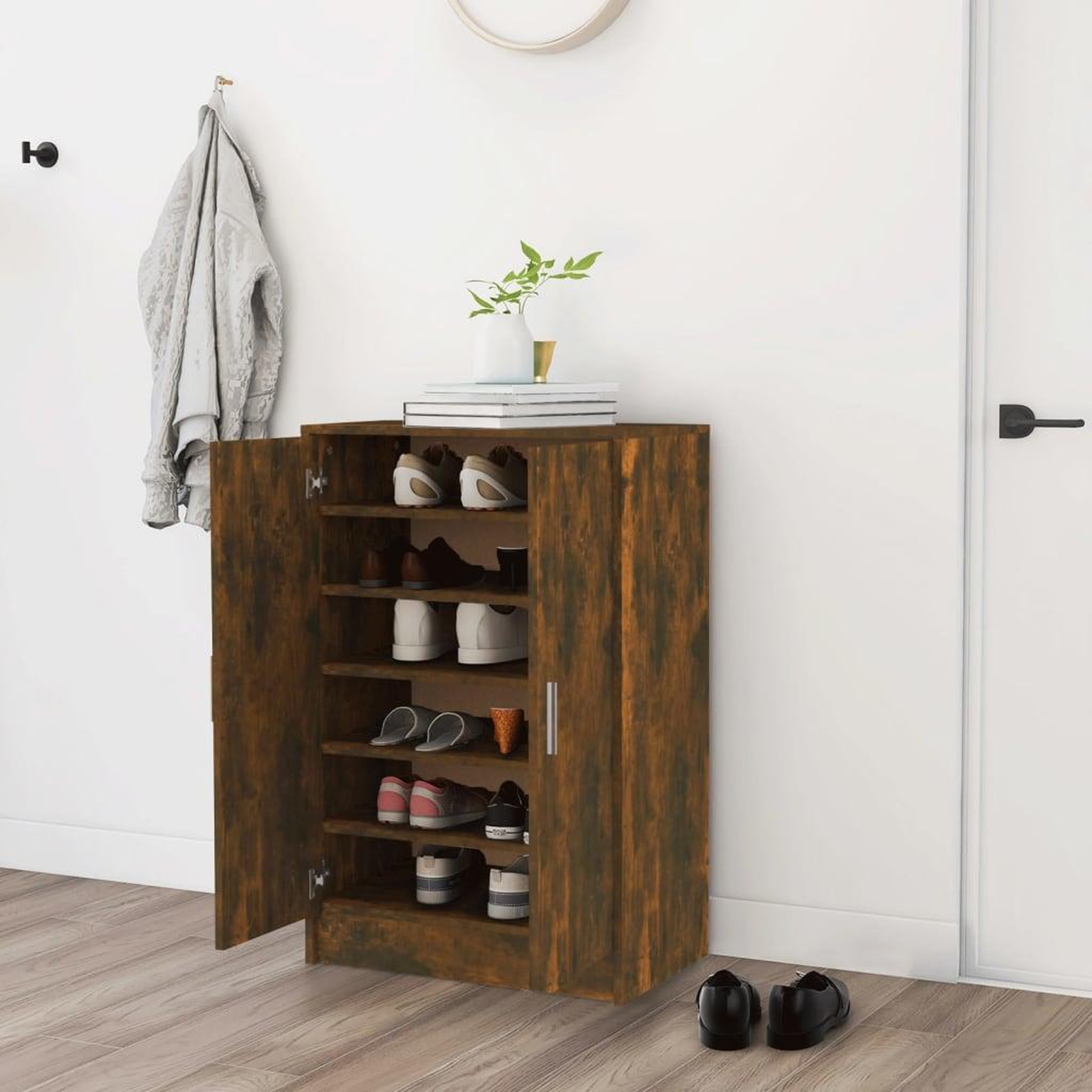 Voir la diapositive 1 : VIDAXL Meuble a chaussures Chene fume 60x35x92 cm Bois d'ingenierie