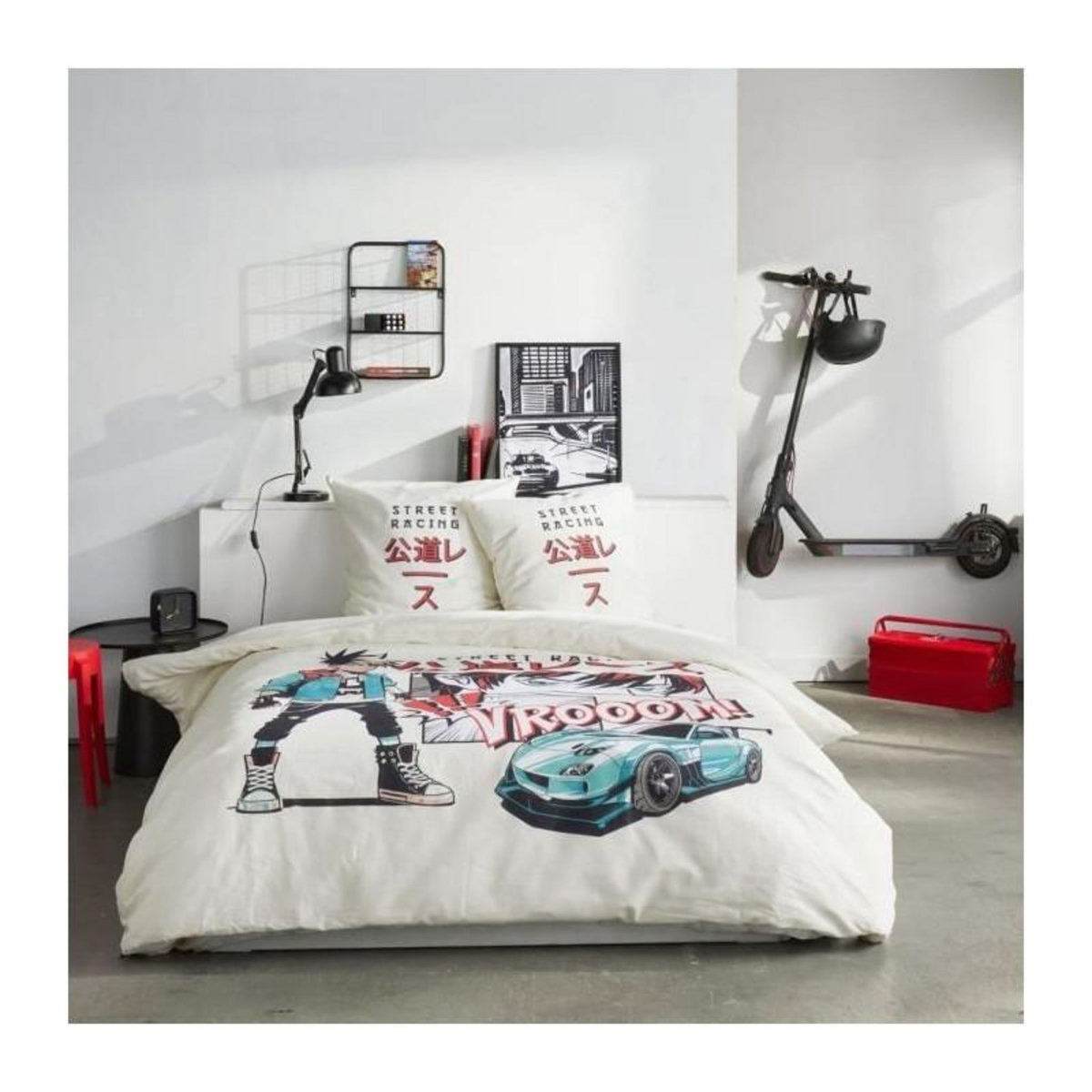 Today Parure de lit - TODAY - JAVA - 2 personnes - 240x220 cm - Coton - Imprimé Street racing - Blanc