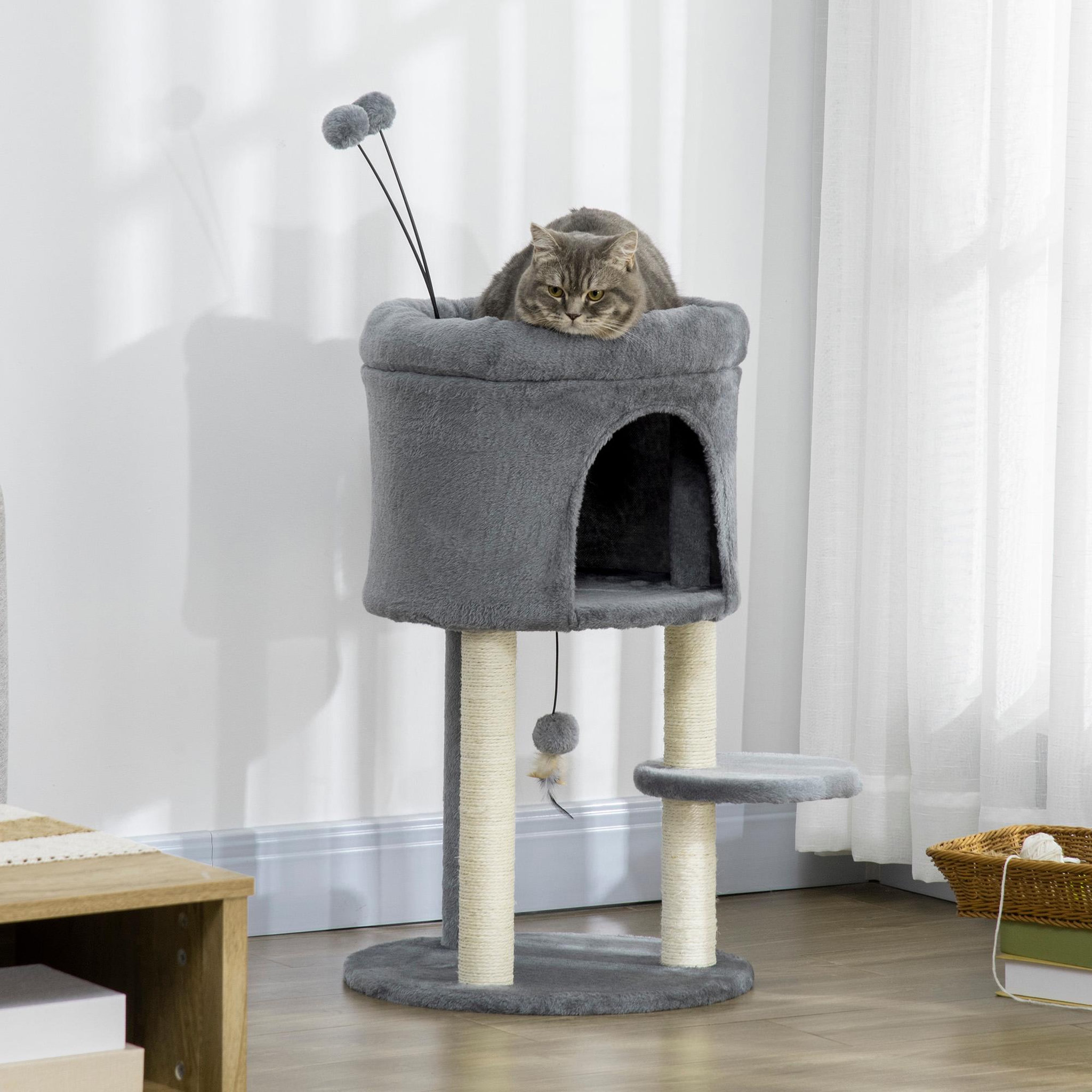 Voir la diapositive 2 : PAWHUT Arbre à chat 2 griffoirs sisal naturel niche plateforme panier observation jeu boules peluche gris