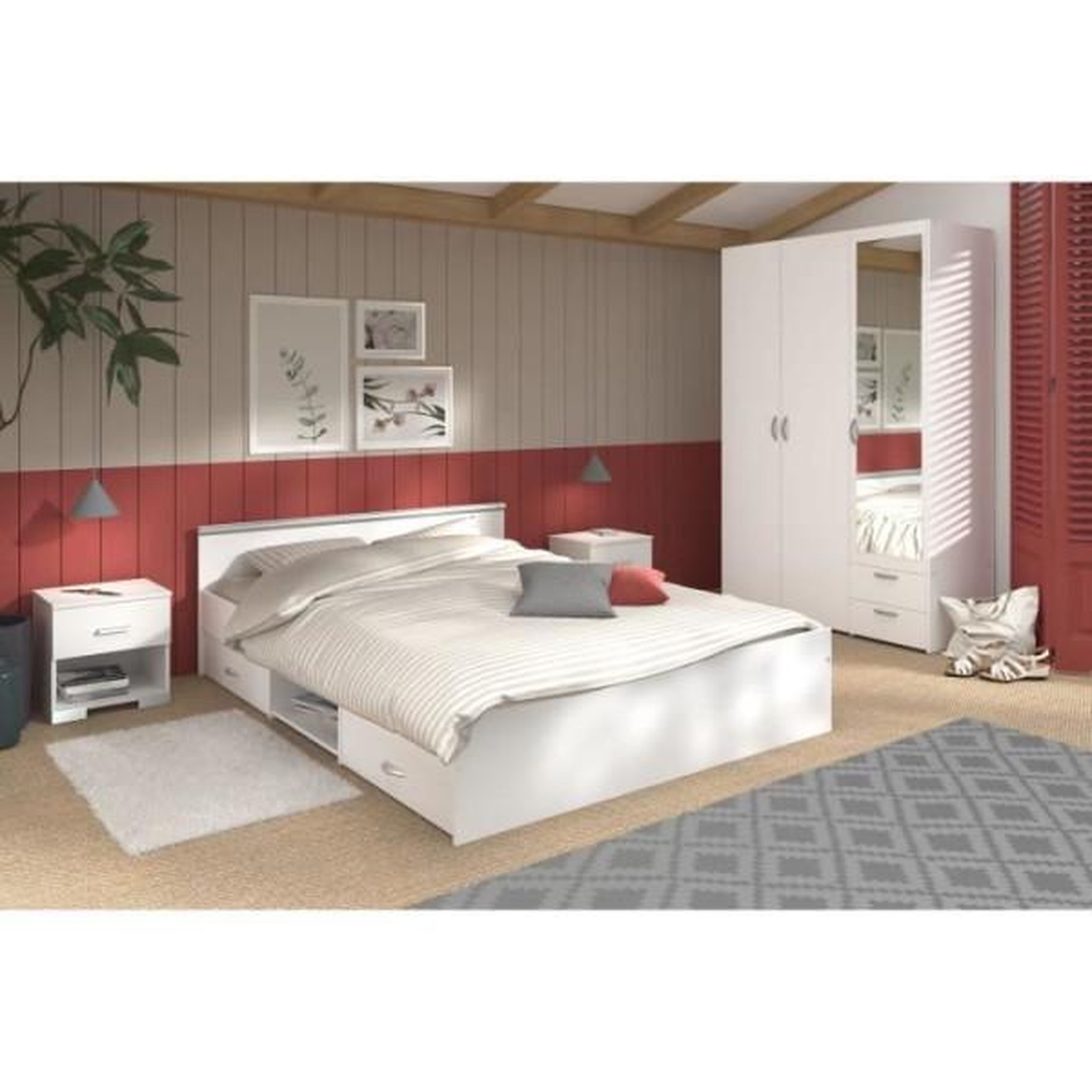 PARISOT Chambre complete adulte ZODIAC : Lit 140x190 avec tiroir + Armoire 3 portes et 2 tiroirs + 2 chevets - Décor Blanc - PARISOT