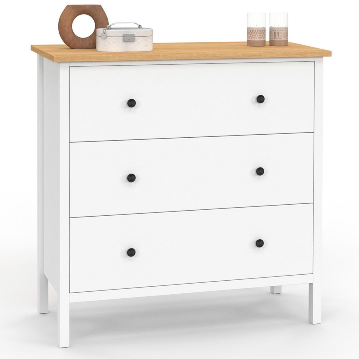 ID MARKET Commode 3 tiroirs ACHILLE 80 cm bois blanc plateau bois