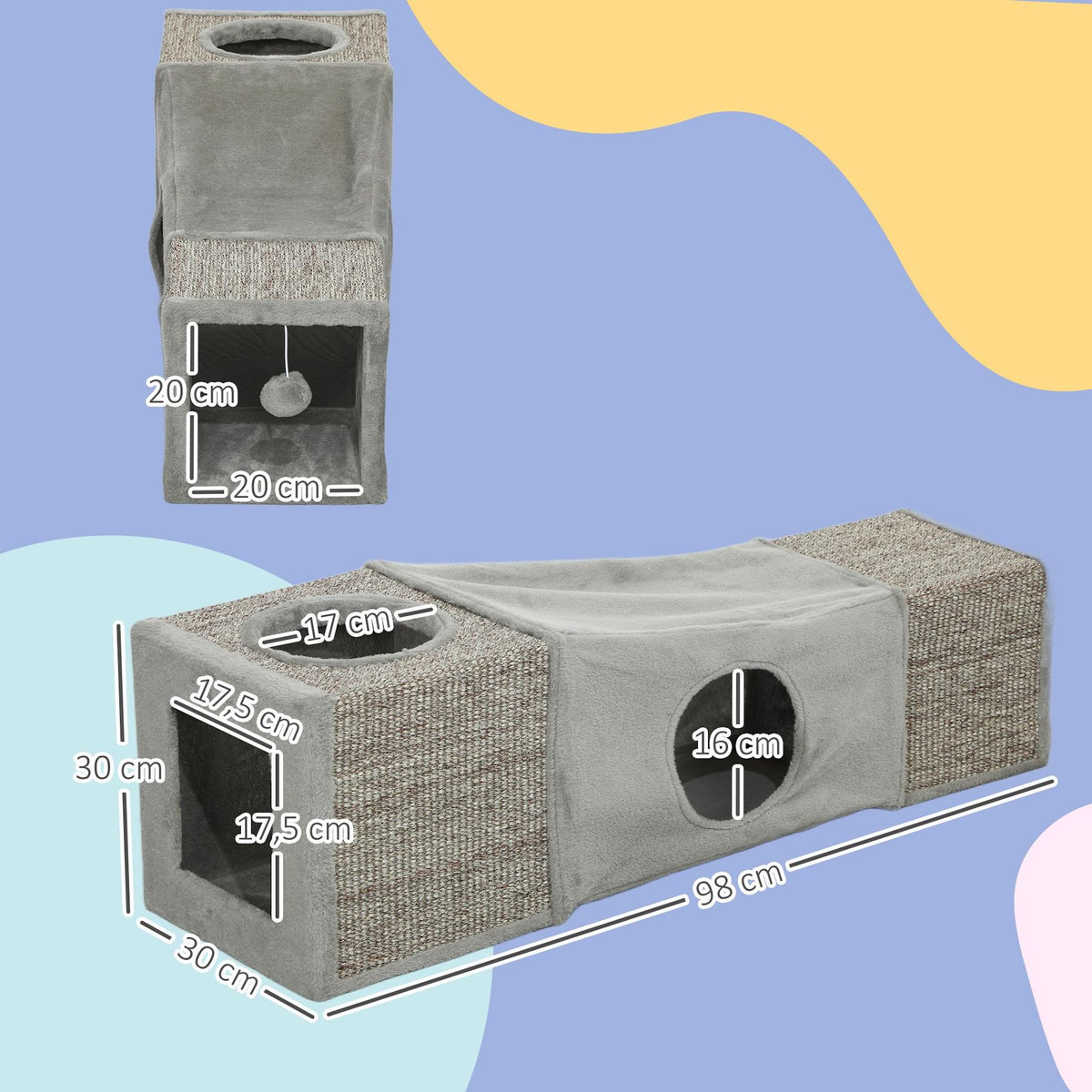 PAWHUT Tunnel grattoir niche modulable pour chat 3 en 1 - jeu balle suspendue - 4 entrées - peluche sisal gris