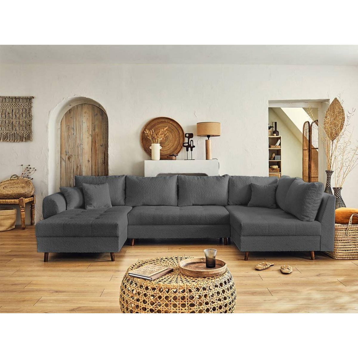 LISA DESIGN Rune - canapé panoramique d'angle droit - 7 places - avec pouf d'appoint - en tissu bouclette