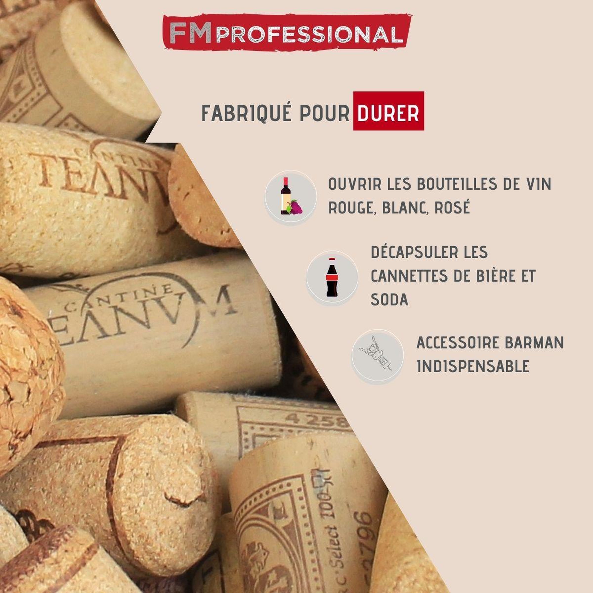 Voir la diapositive 2 : FM PROFESSIONAL Tire bouchon à levier fonction décapsuleur fm professional boissons