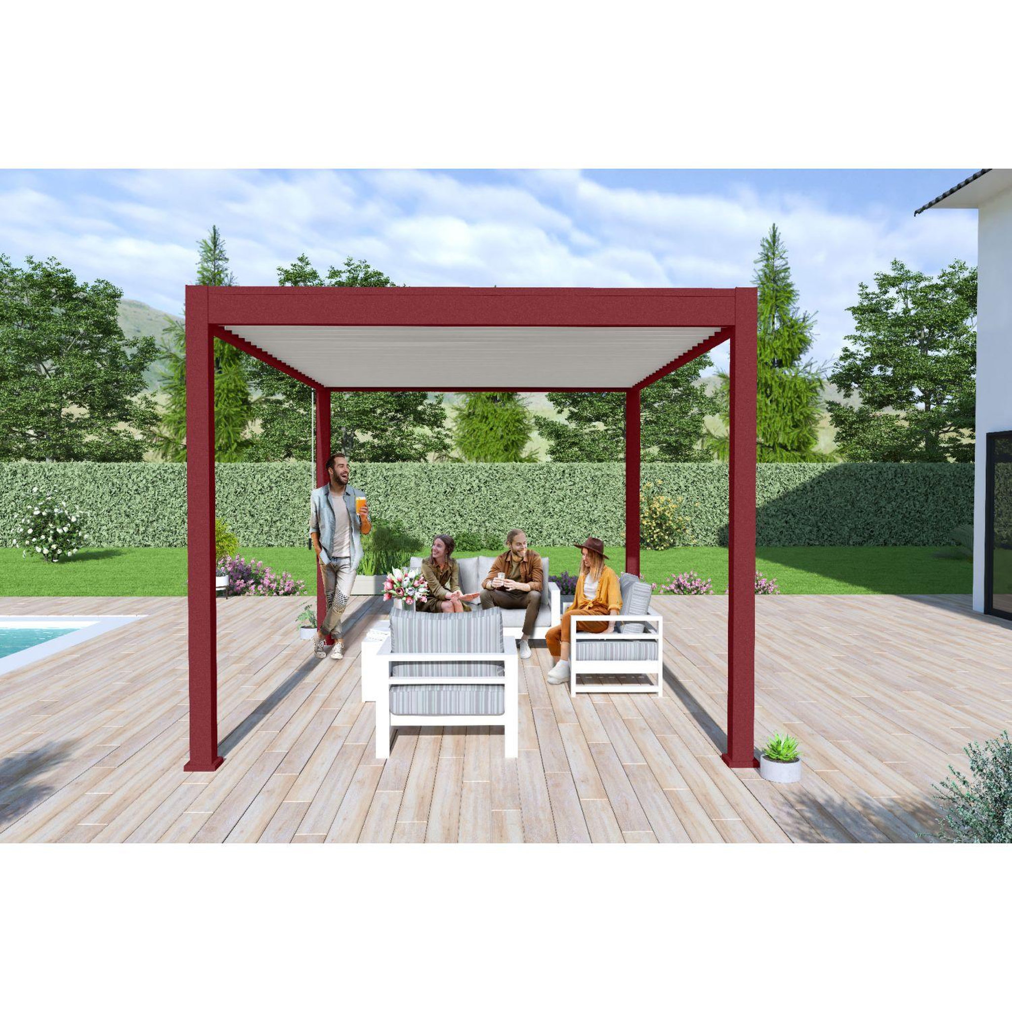 Voir la diapositive 5 : Pergola Bioclimatique autoportée 3x4 m - Aluminium - Rouge basque/blanc -  VS OmBREA®