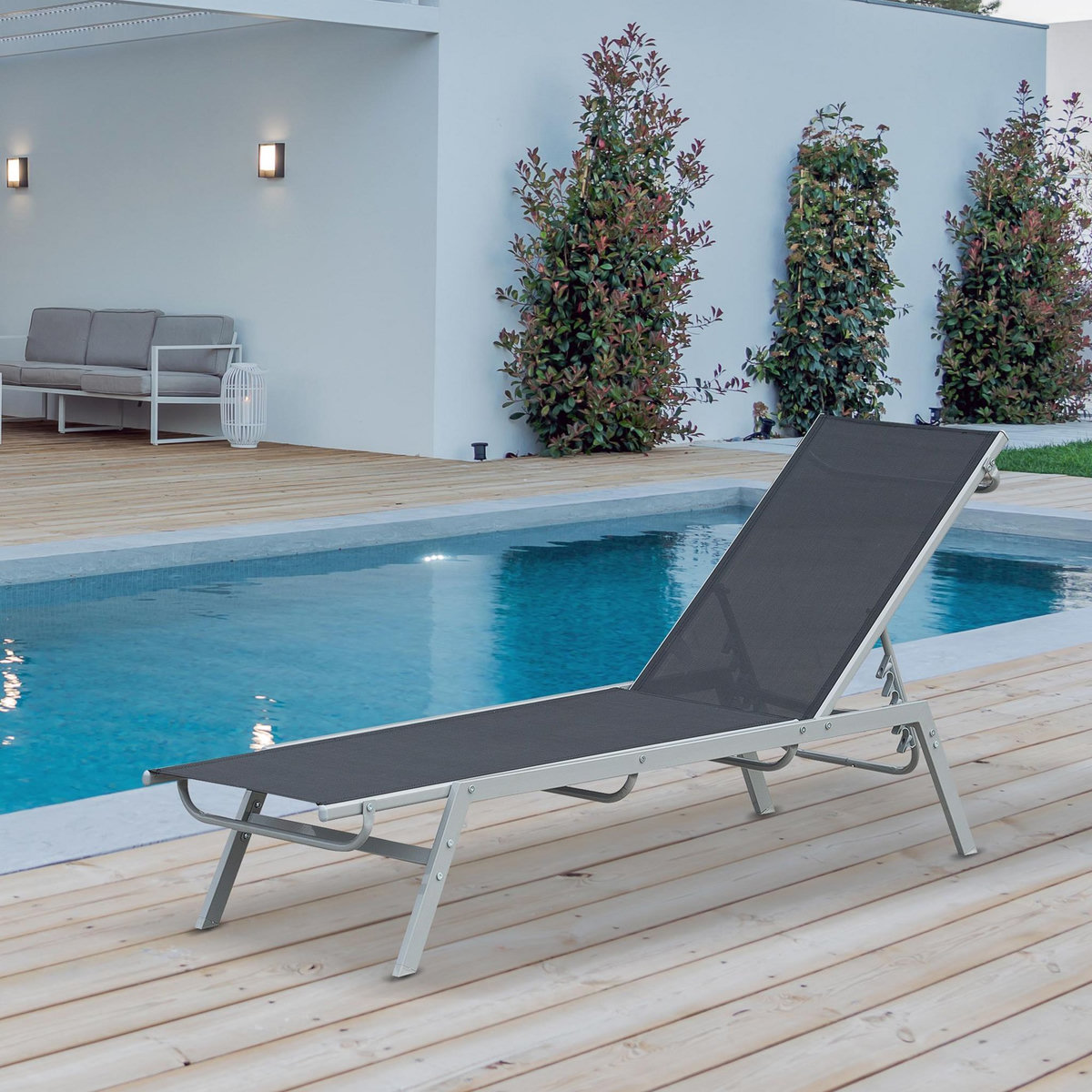 OUTSUNNY Bain de soleil transat - chaise longue - design contemporain - dossier inclinable multi-positions - métal époxy textilène noir - dim. 170 x 58 x 97 cm