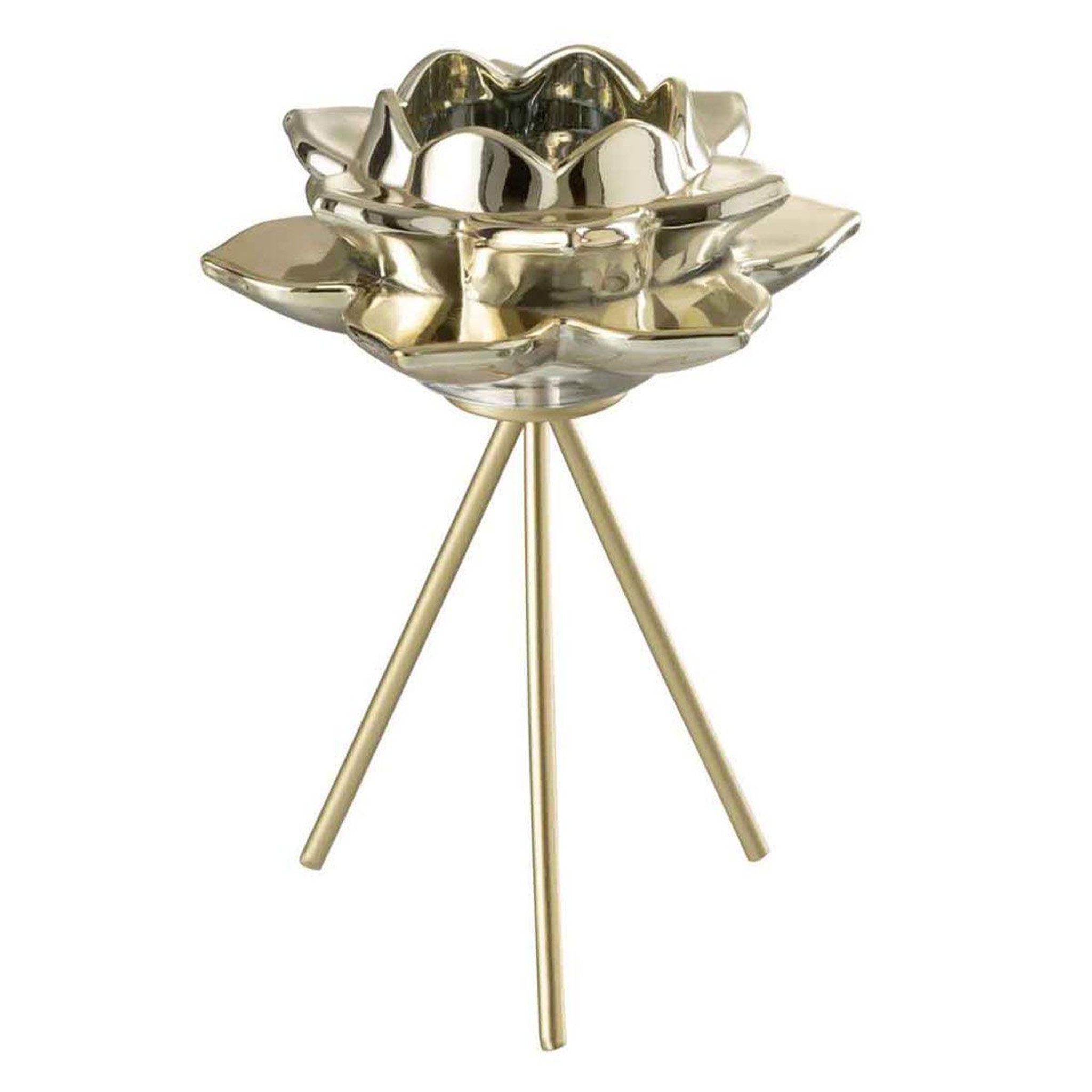 J-LINE Photophore sur Pied  Fleur Verre  21cm Or