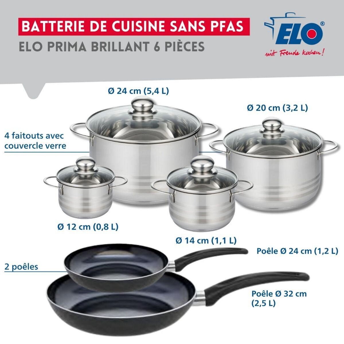 ELO Ensemble de 2 Poêles de cuisson 24 et 32 cm et 4 faitouts 12, 14, 20 et 24 cm Elo Prima Brillant