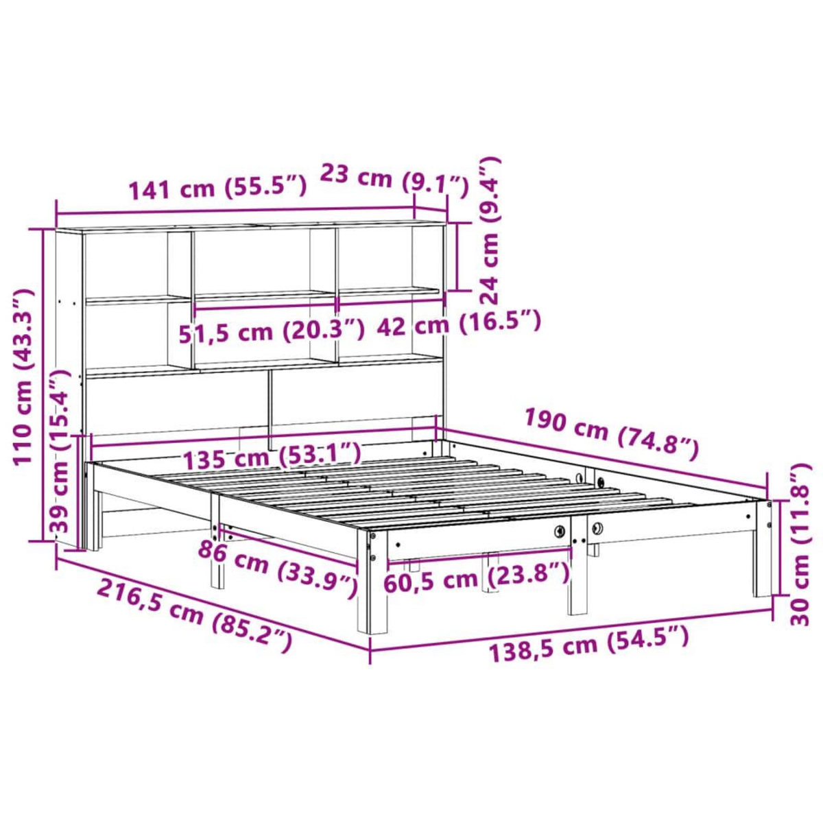 VIDAXL Lit bibliotheque sans matelas cire marron 135x190 cm pin massif
