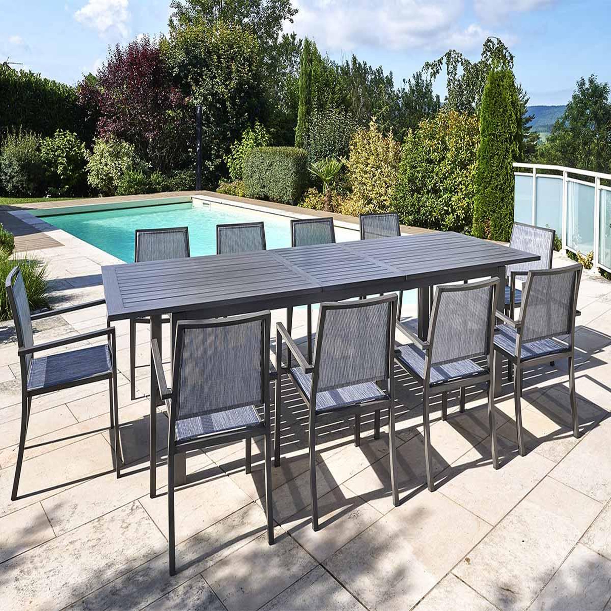 Voir la diapositive 2 : Jardiline Table de jardin rectangulaire extensible en aluminium Santorin teck gris 8/10 places - Jardiline