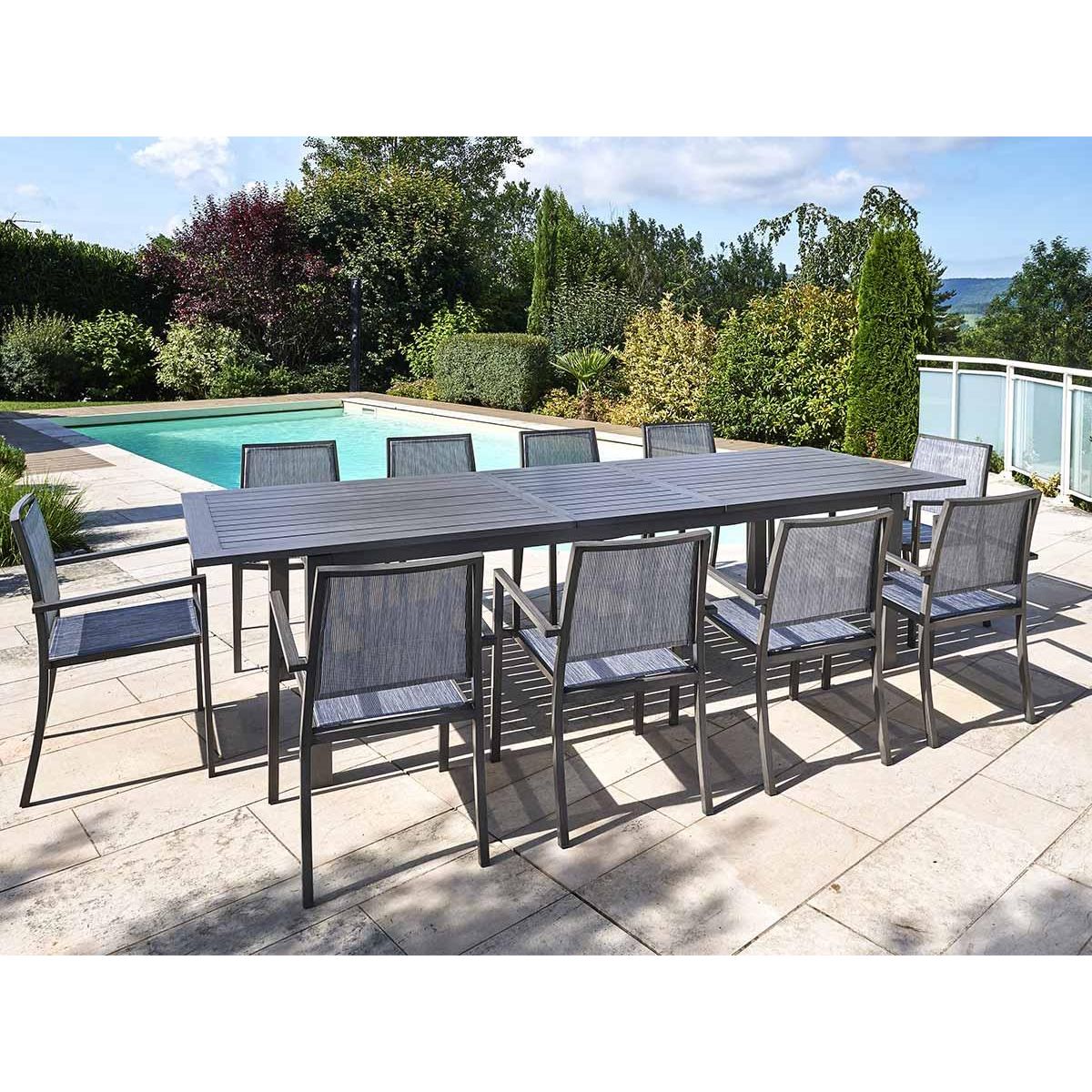 Jardiline Table rectangulaire extensible en aluminium aspect teck gris SANTORIN - 10 places - Jardiline
