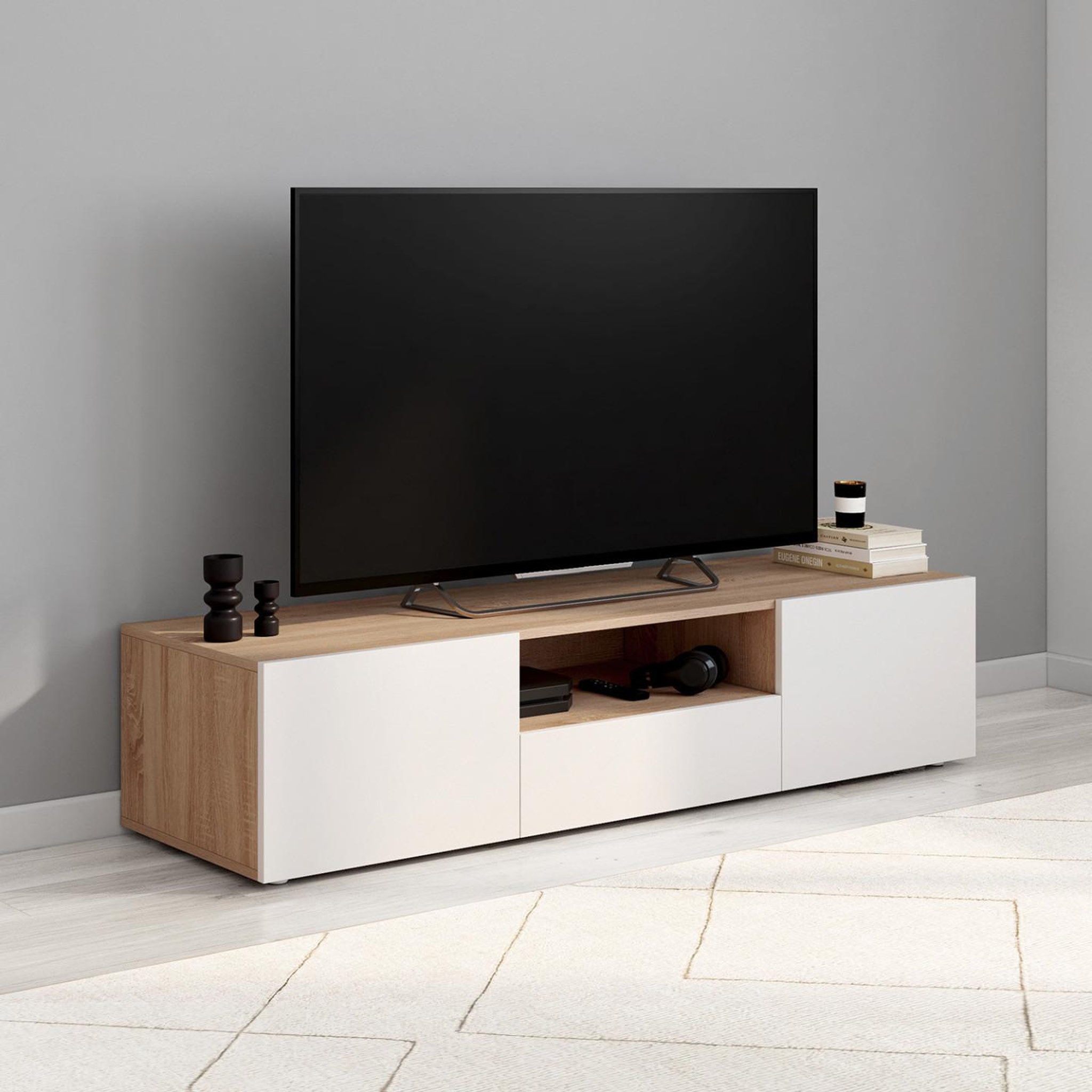 Voir la diapositive 2 : ID MARKET Meuble tv 140 cm eli bois façon hêtre portes blanches
