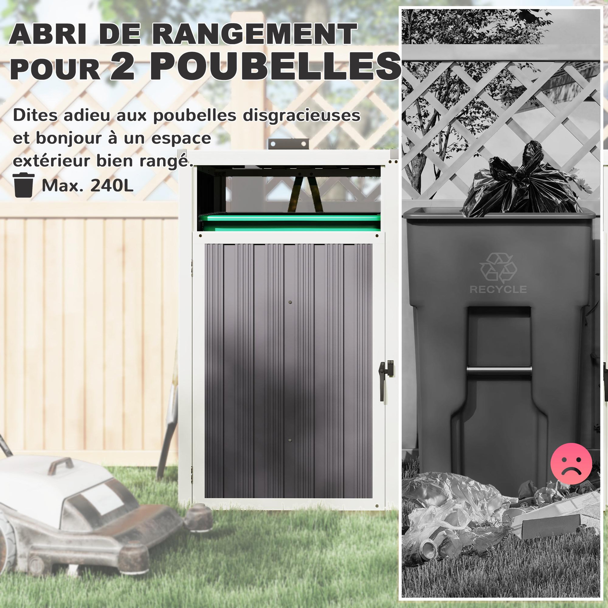 Voir la diapositive 4 : OUTSUNNY Abri poubelles double - cache poubelles 2 x 240L - portes, couvercles - tôle acier ondulé blanc gris