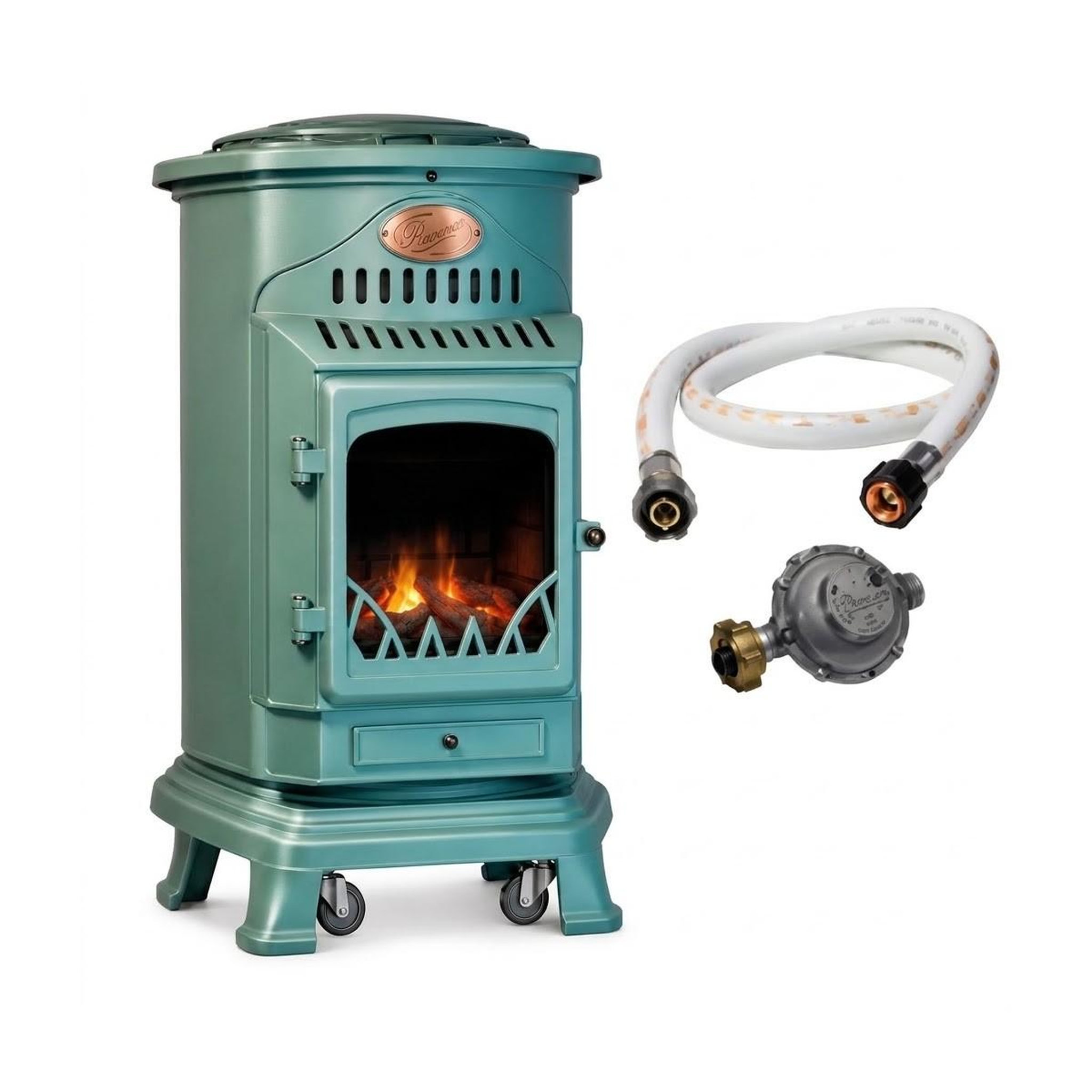 UNIVERSAL Poele à gaz 3,4 KW Vert Fonte véritable Effet poêle à bois + Tuyau gaz + détendeur butane Provence Sahara