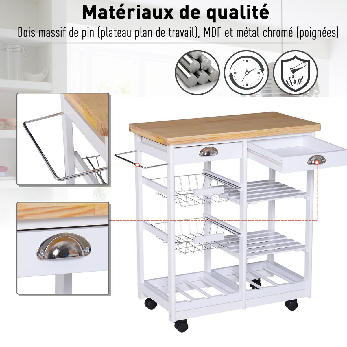 HOMCOM Chariot de service desserte de cuisine à roulettes multi-rangements 74L x 37l x 76H cm plateau bois massif pin châssis MDF