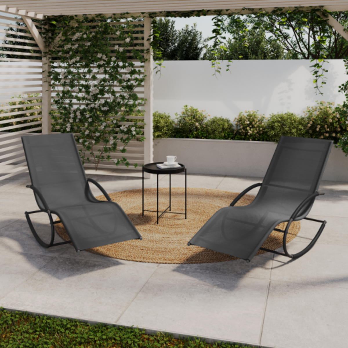 ID MARKET Lot de 2 chaises longues - transat de jardin à bascule MALAWI gris anthracite et toile grise