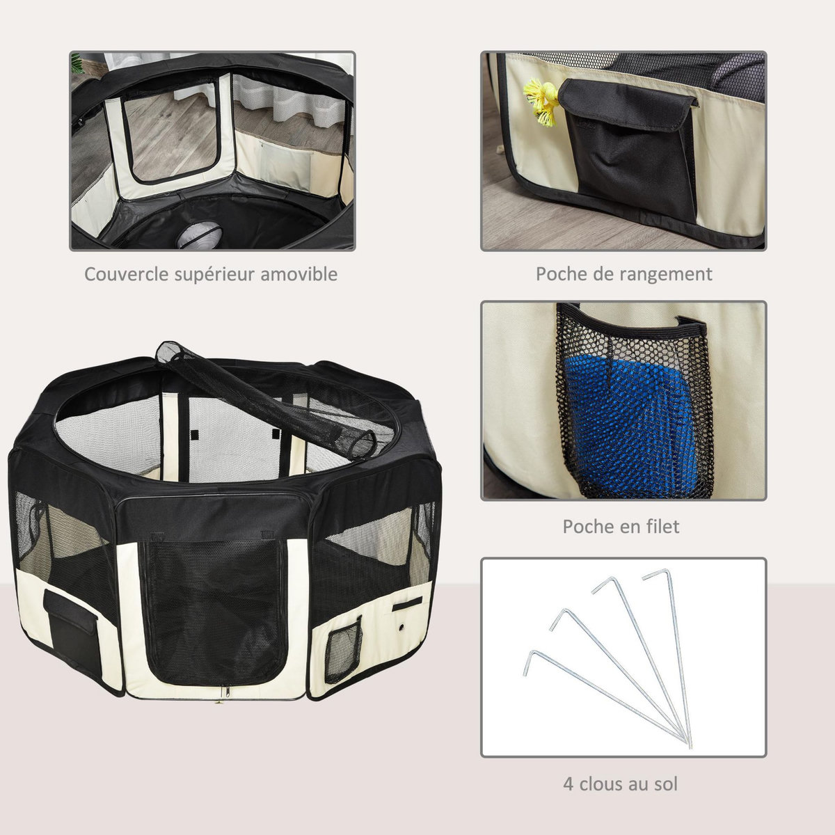 PAWHUT Parc enclos pliable chien chat - Ø 120 x 58H cm - acier tissu Oxford - crème noir