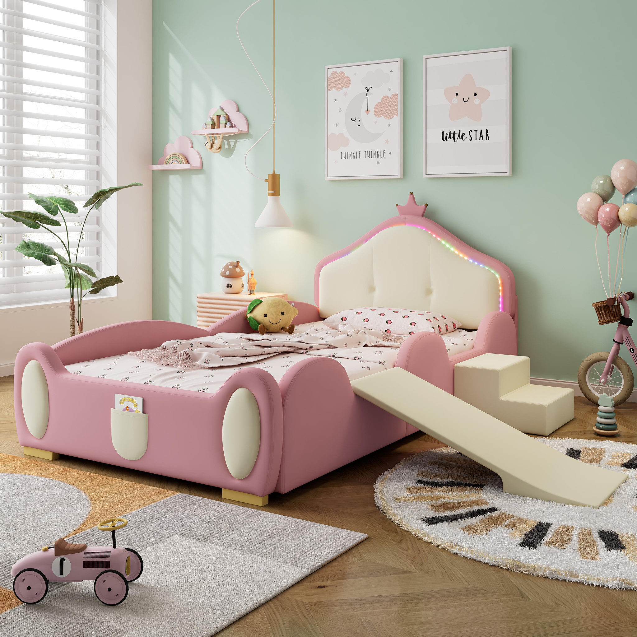 Voir la diapositive 2 : MERAX Lit simple enfant rembourré 90x200cm pu coloris rose led