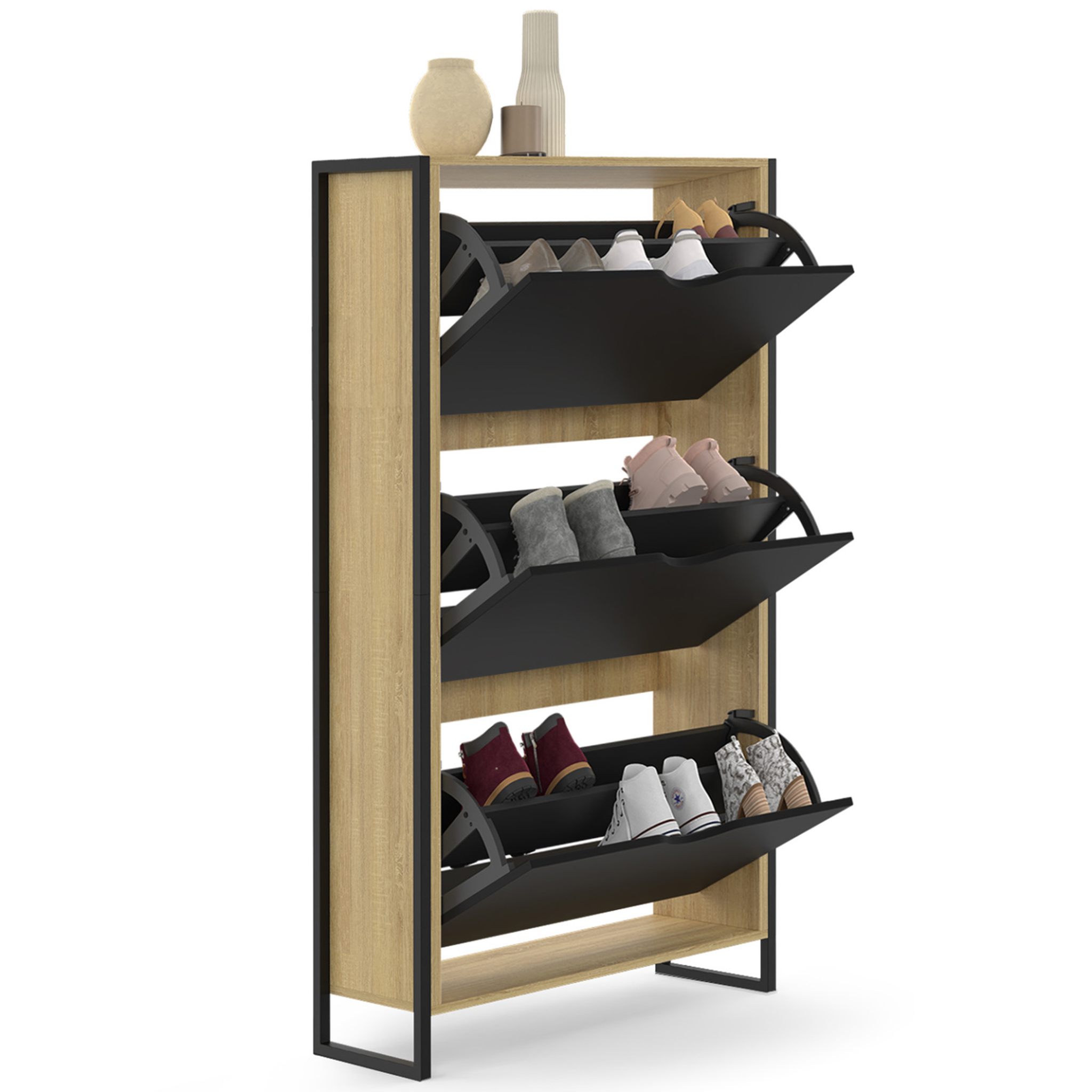 Voir la diapositive 4 : ID MARKET Meuble à chaussures 18 paires boston 3 portes noires design industriel
