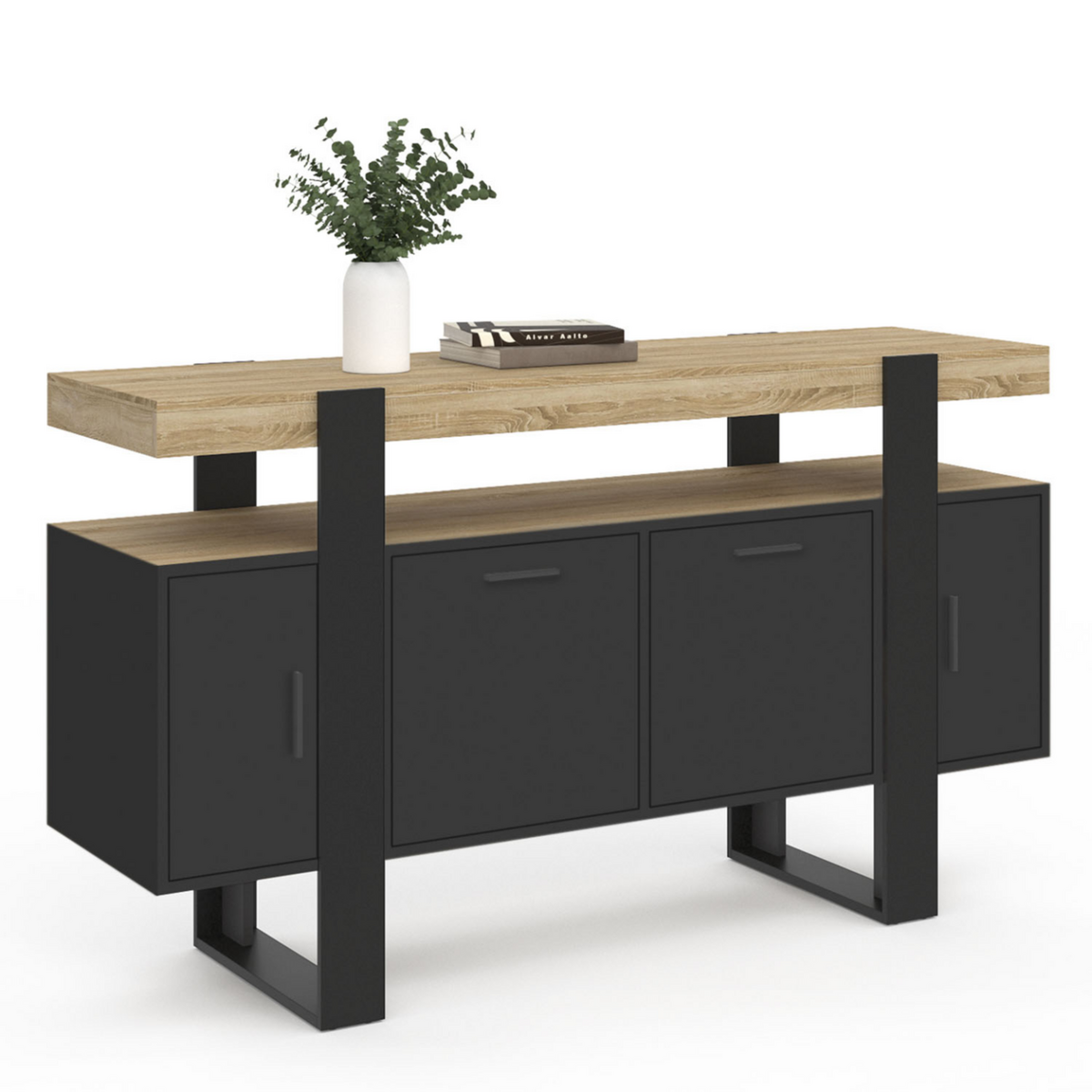 ID MARKET Buffet 140 cm PHOENIX 4 portes noir avec plateau bois