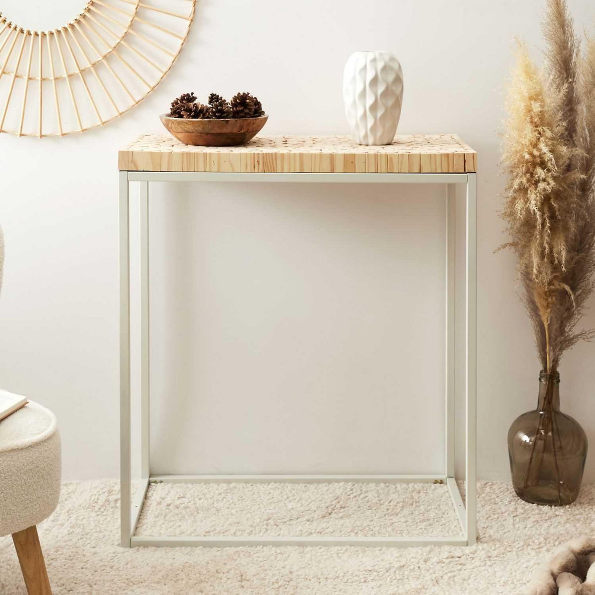 TOILINUX Console effet rondin de bois en métal et MDF - Blanc et beige.