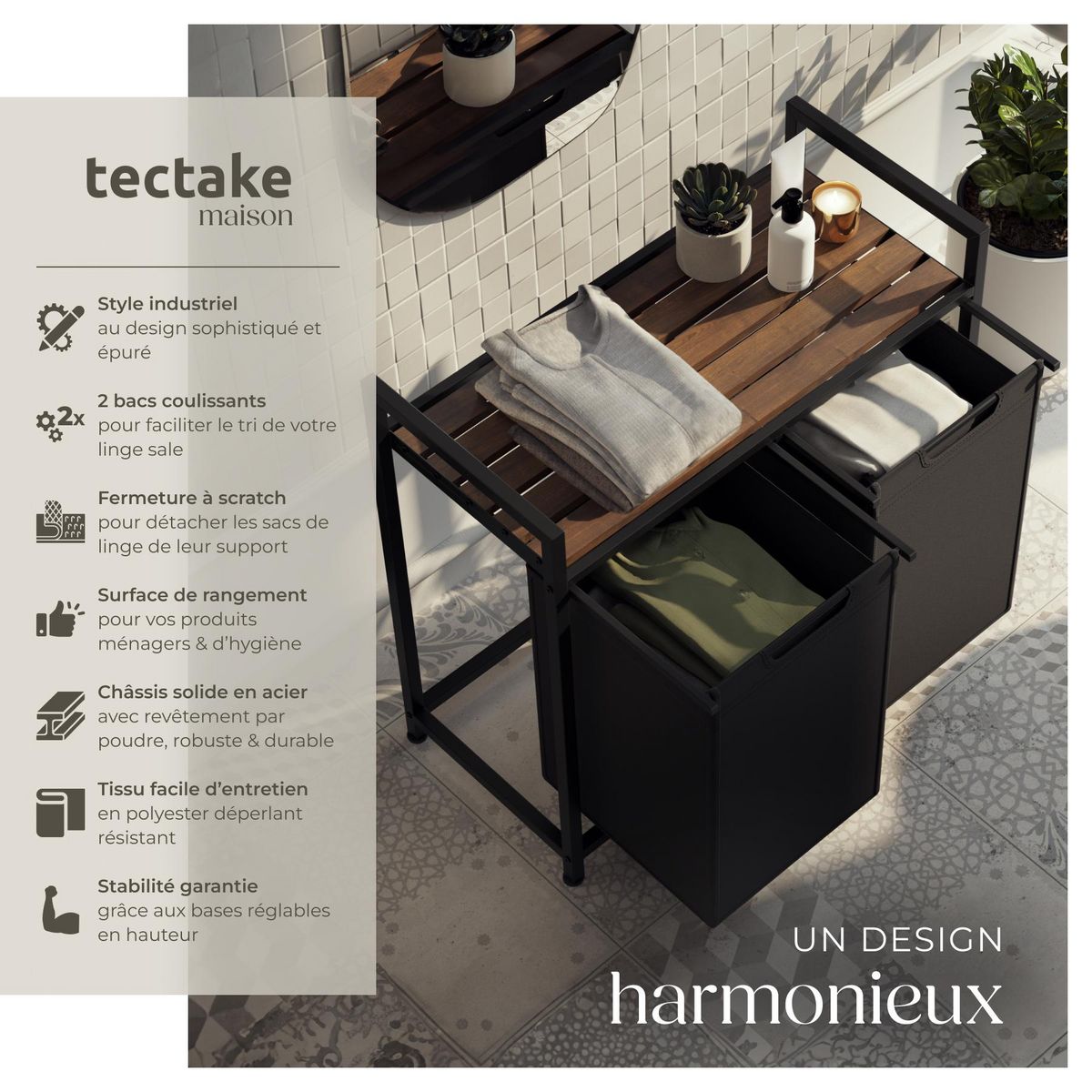 tectake Panier à linge style industriel avec 2 ou 3 compartiments extensibles noir/marron 34 x 74 x 72 cm