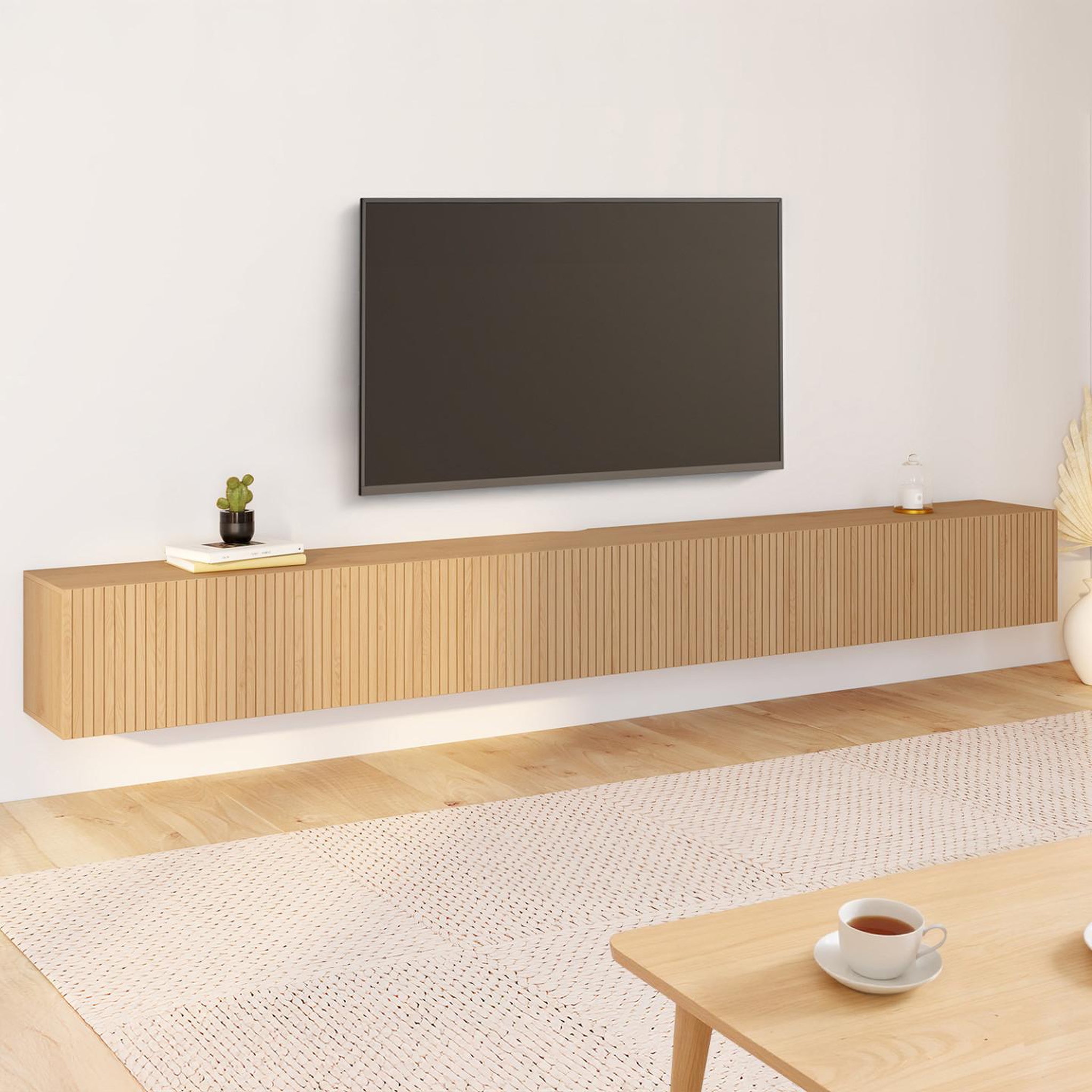 Voir la diapositive 2 : ID MARKET Meuble tv 270 cm suspendu juliette 3 portes lattes tasseau bois coloris chêne